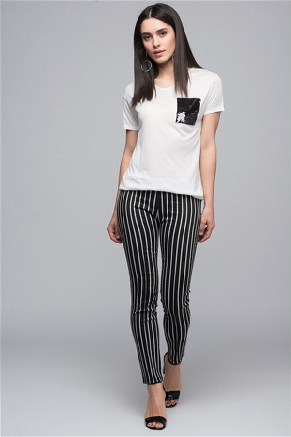 118-CM-001-360110 Yandan Fermuarlı Desenli Pantolon SIYAH BEYAZ ÇIZGILI