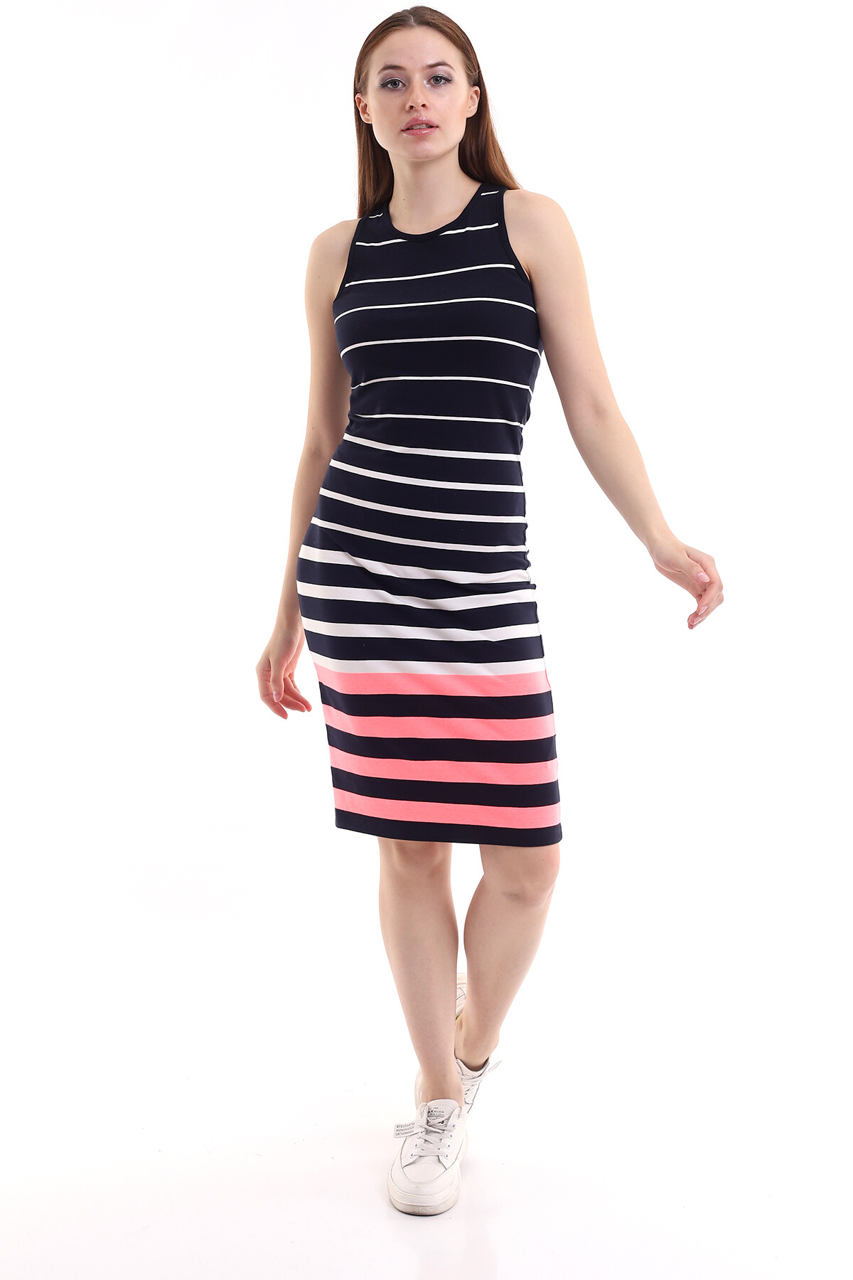 21252500 Viskon Çizgi Desenli Kolsuz Uzun Elbise LACIVERT BEYAZ ÇIZGILI