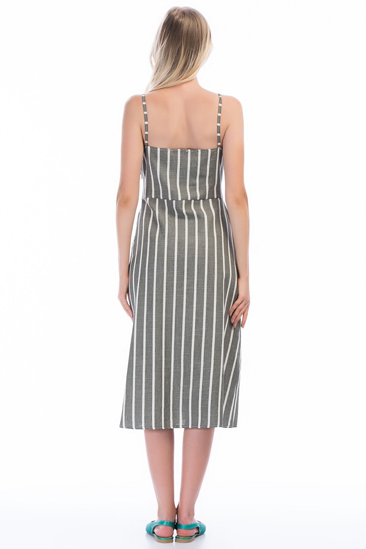 83012451 Keten Çizgili Göğsü Bağlama Detaylı Elbise HAKI