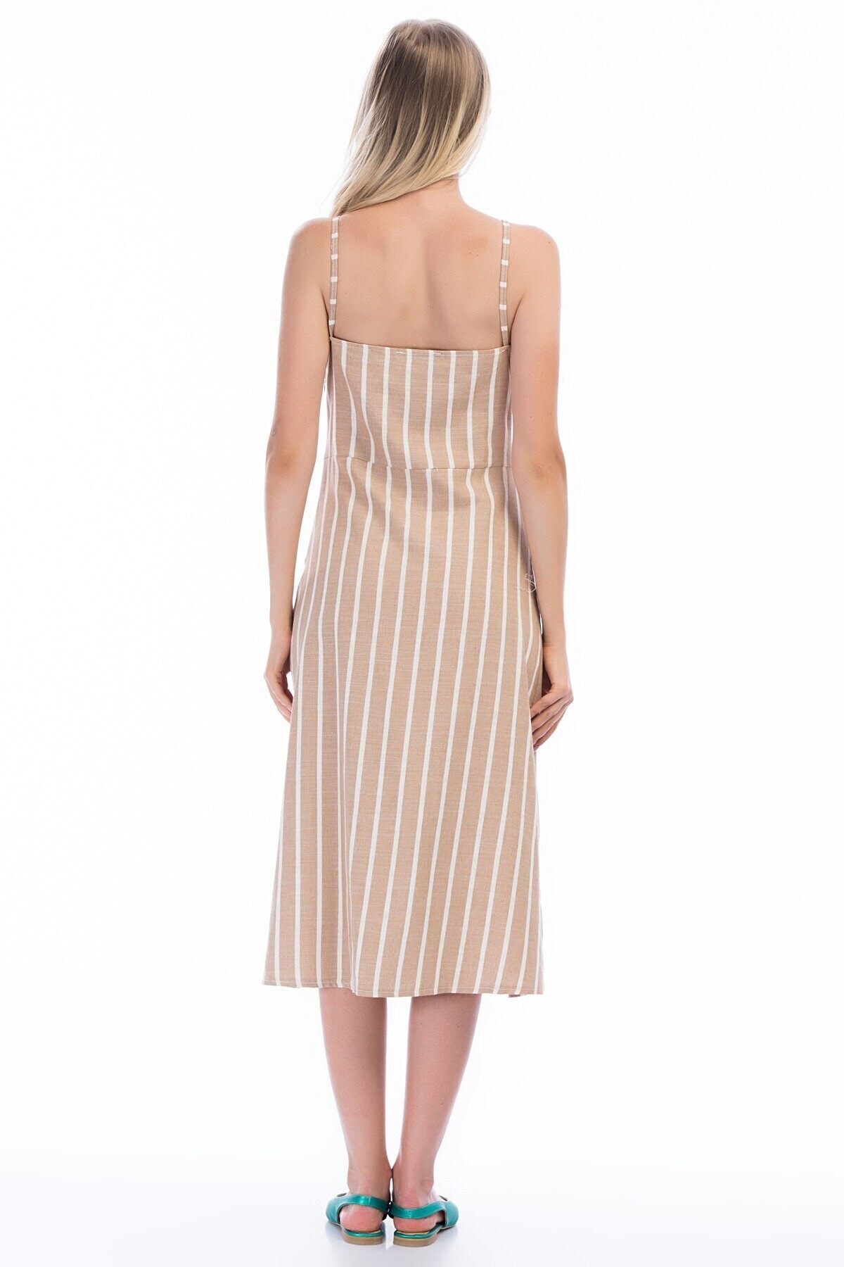 83012451 Keten Çizgili Göğsü Bağlama Detaylı Elbise VIZON