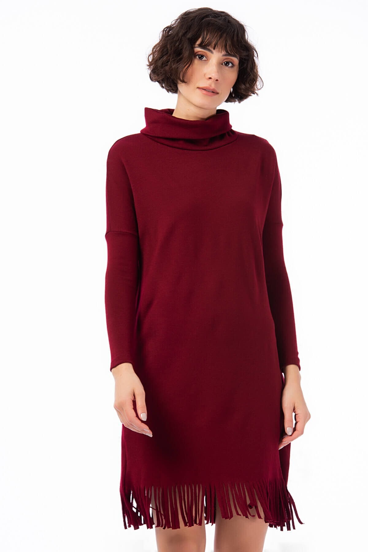 8422539 Akrilik Degaje Yaka Etekucu Püsküllü Elbise BORDO
