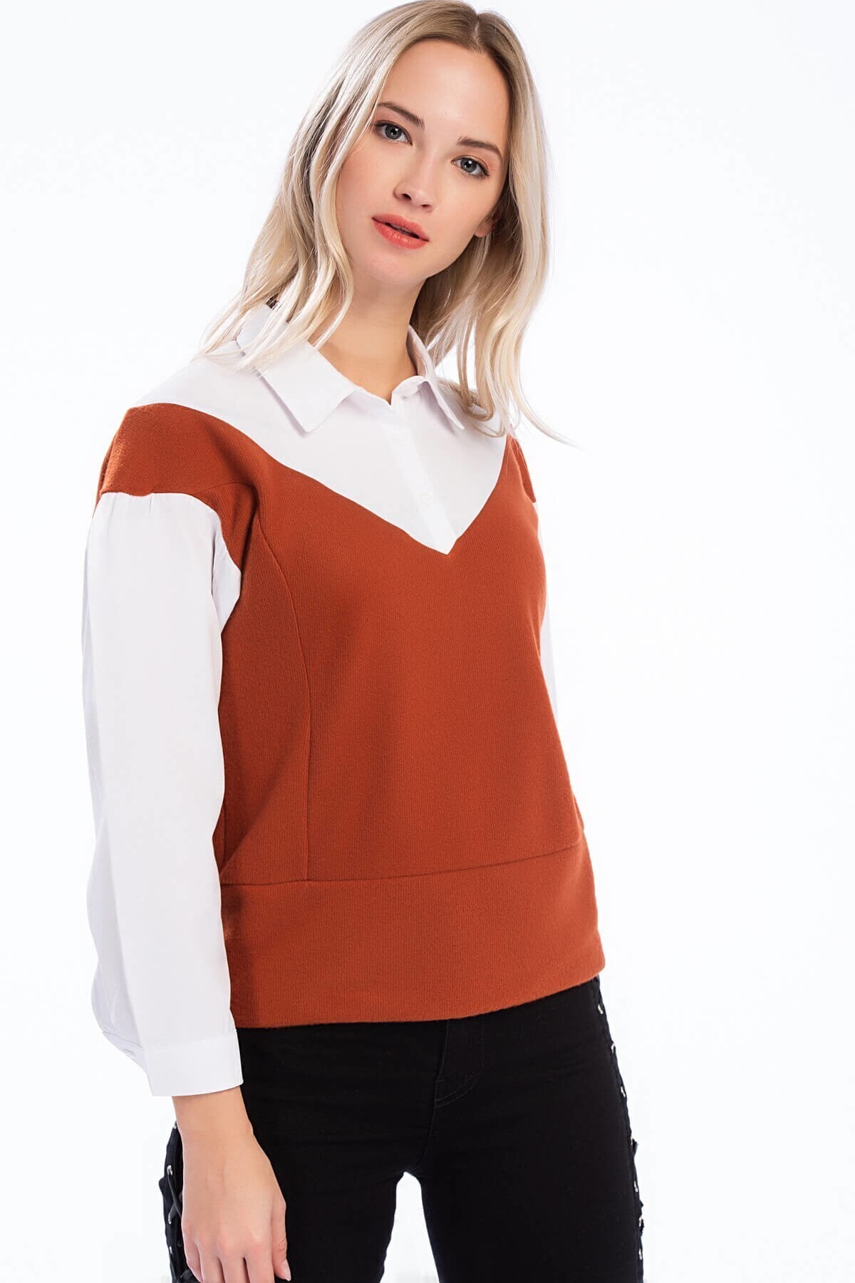 84411014 Selanik Gömlek Detaylı Uzun Kol Bluz KIREMIT