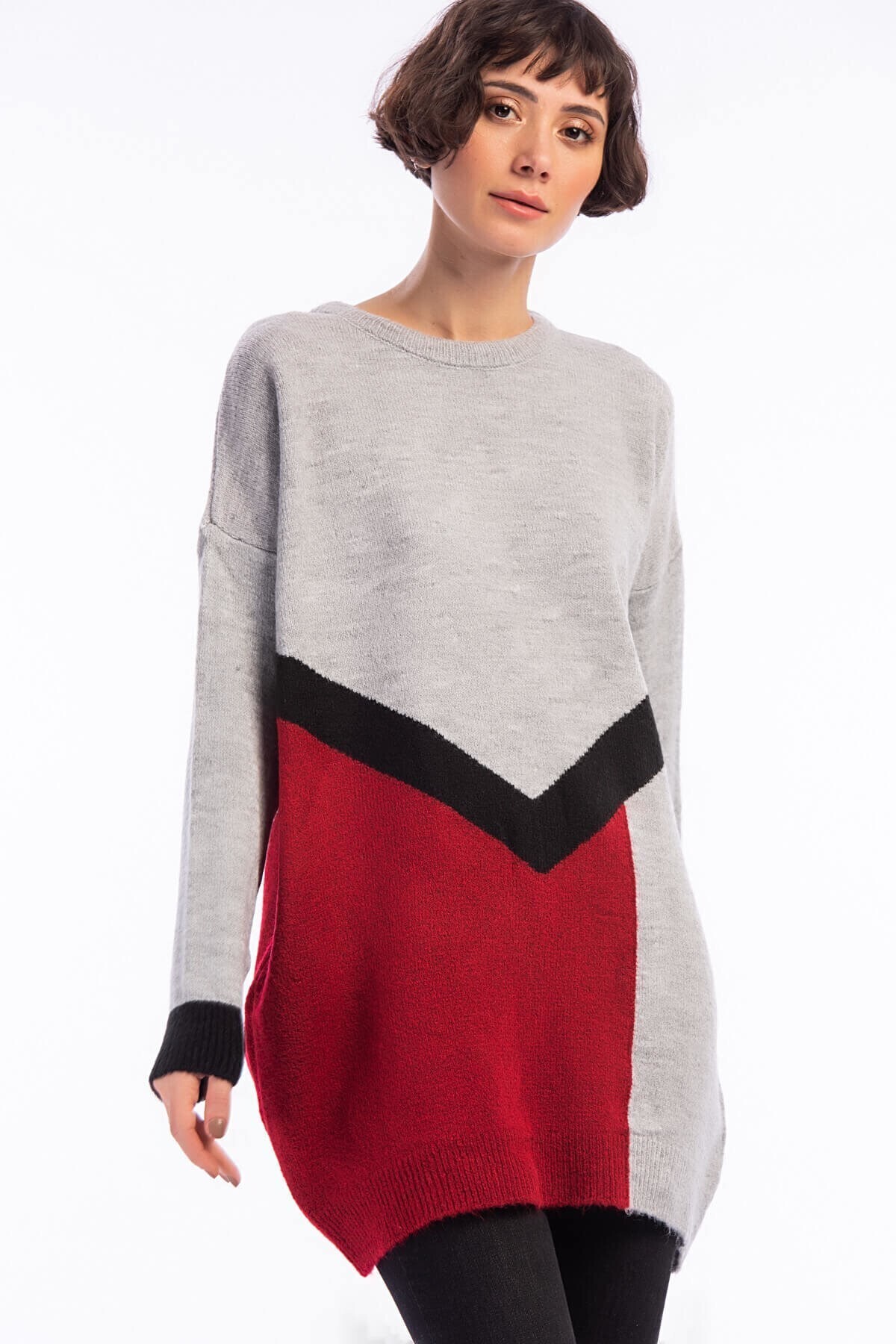 8486083 Triko Yumoş İplik 3 Renkli İntersiye Tunik GRI