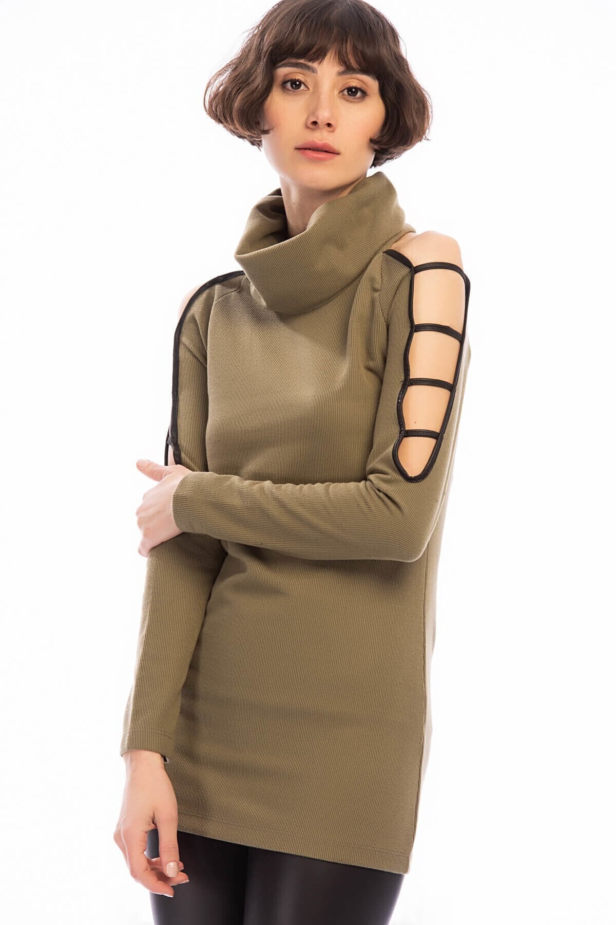 8501421 Selanik Kolu Deri Biye Garnili Dagaje Tunik HAKI