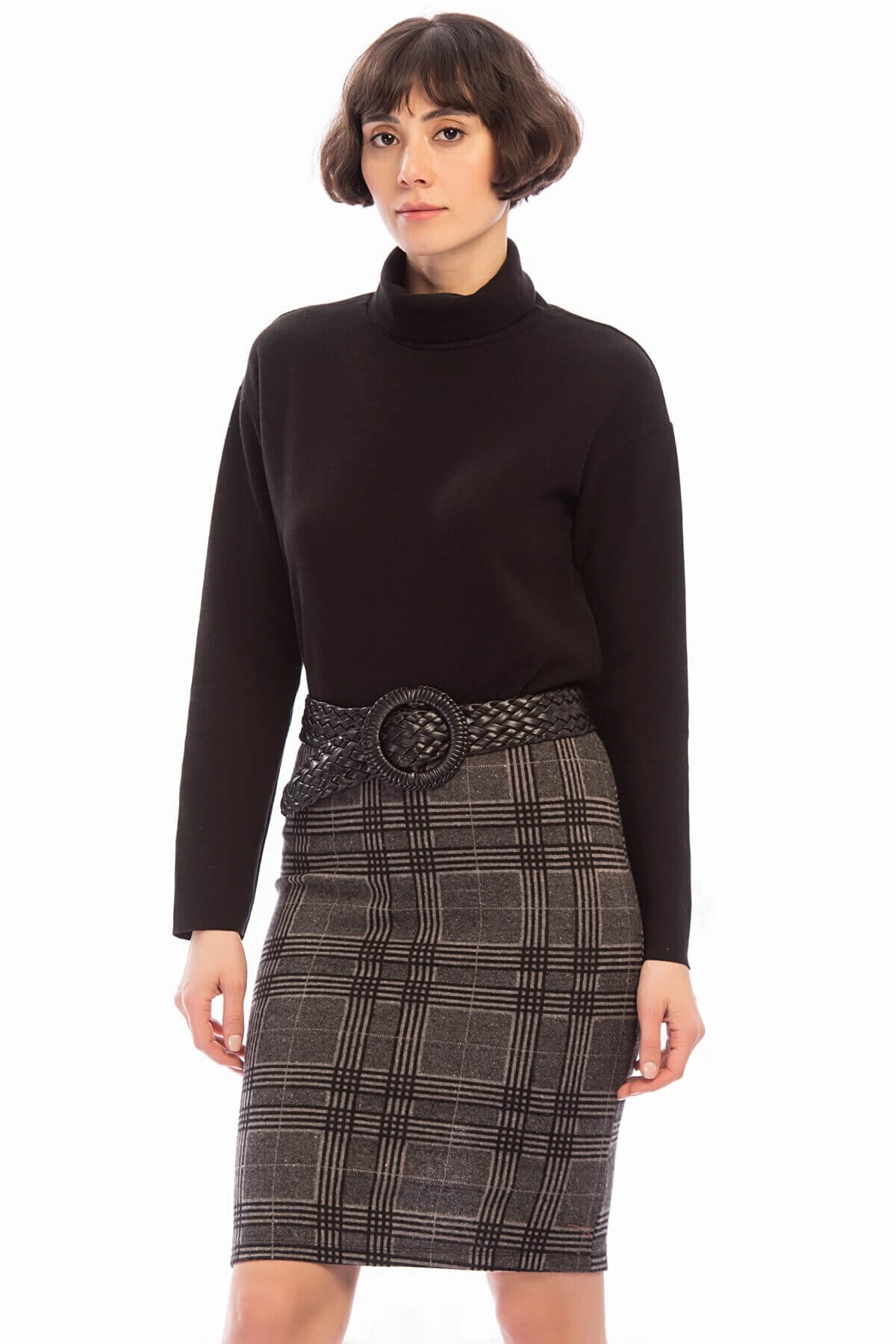 8505072 Ekose Çizgi Desen Beli Lastikli Yırtmaçlı Kalem Etek VIZON