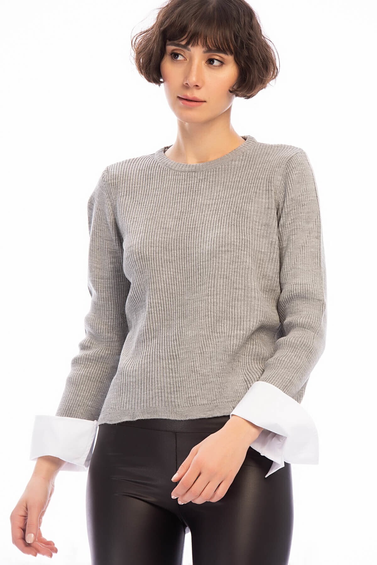 8506003 İnce Fitilli Kaşkorse Manşeti Garnili Uzun Kol Bluz GRI