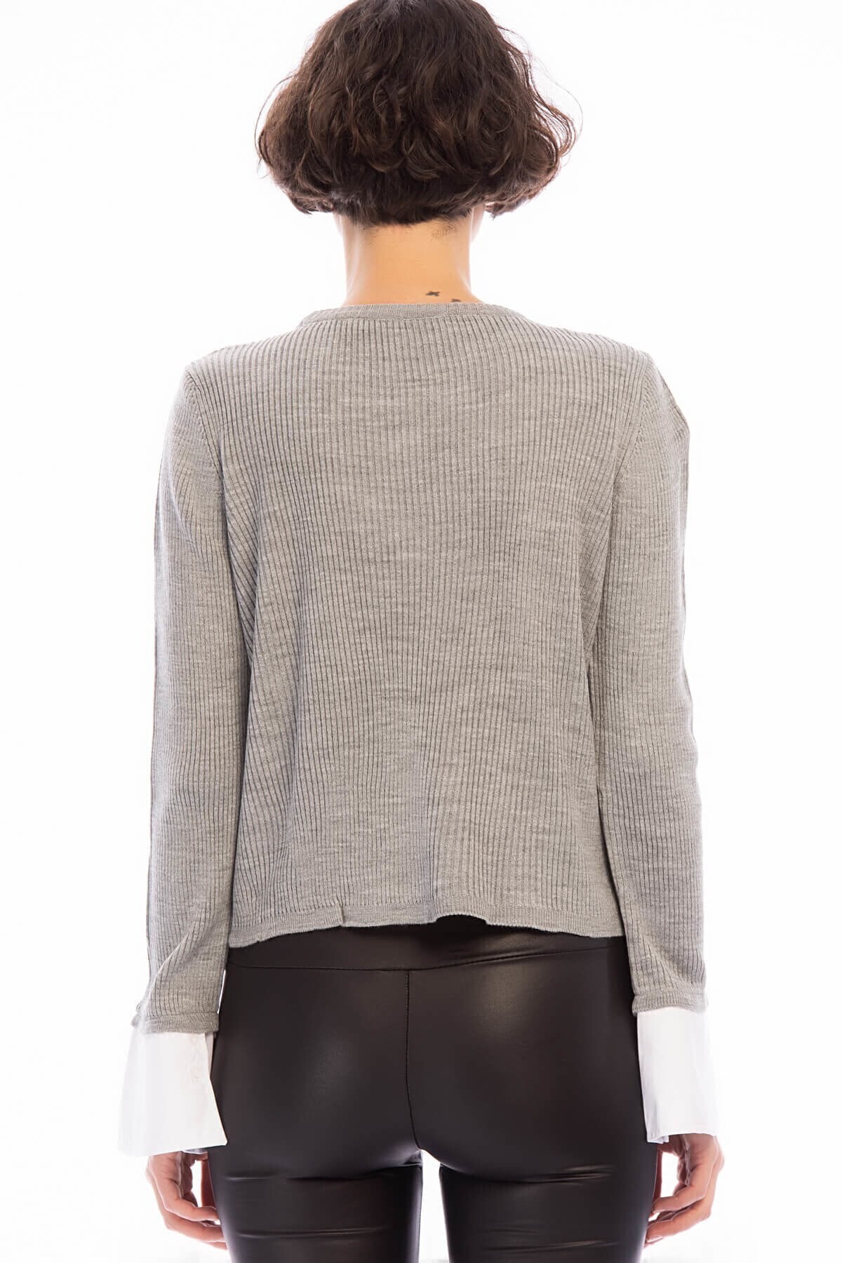 8506003 İnce Fitilli Kaşkorse Manşeti Garnili Uzun Kol Bluz GRI