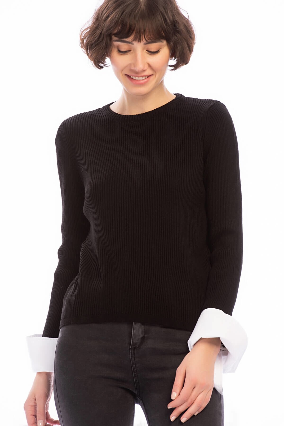 8506003 İnce Fitilli Kaşkorse Manşeti Garnili Uzun Kol Bluz SIYAH