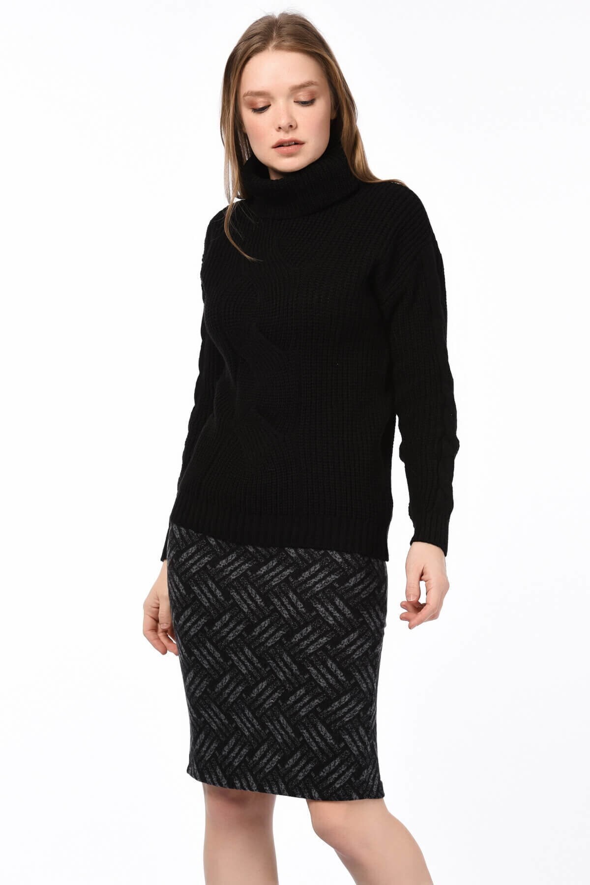 8515171 Hasır Desenli Beli Lastikli Yırtmaçlı Kalem Etek FUME