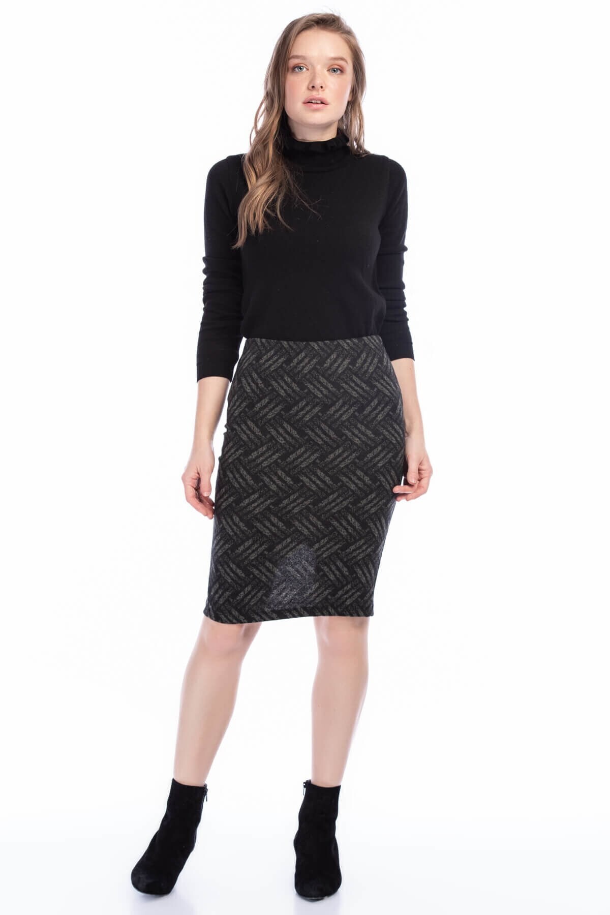 8515171 Hasır Desenli Beli Lastikli Yırtmaçlı Kalem Etek HAKI