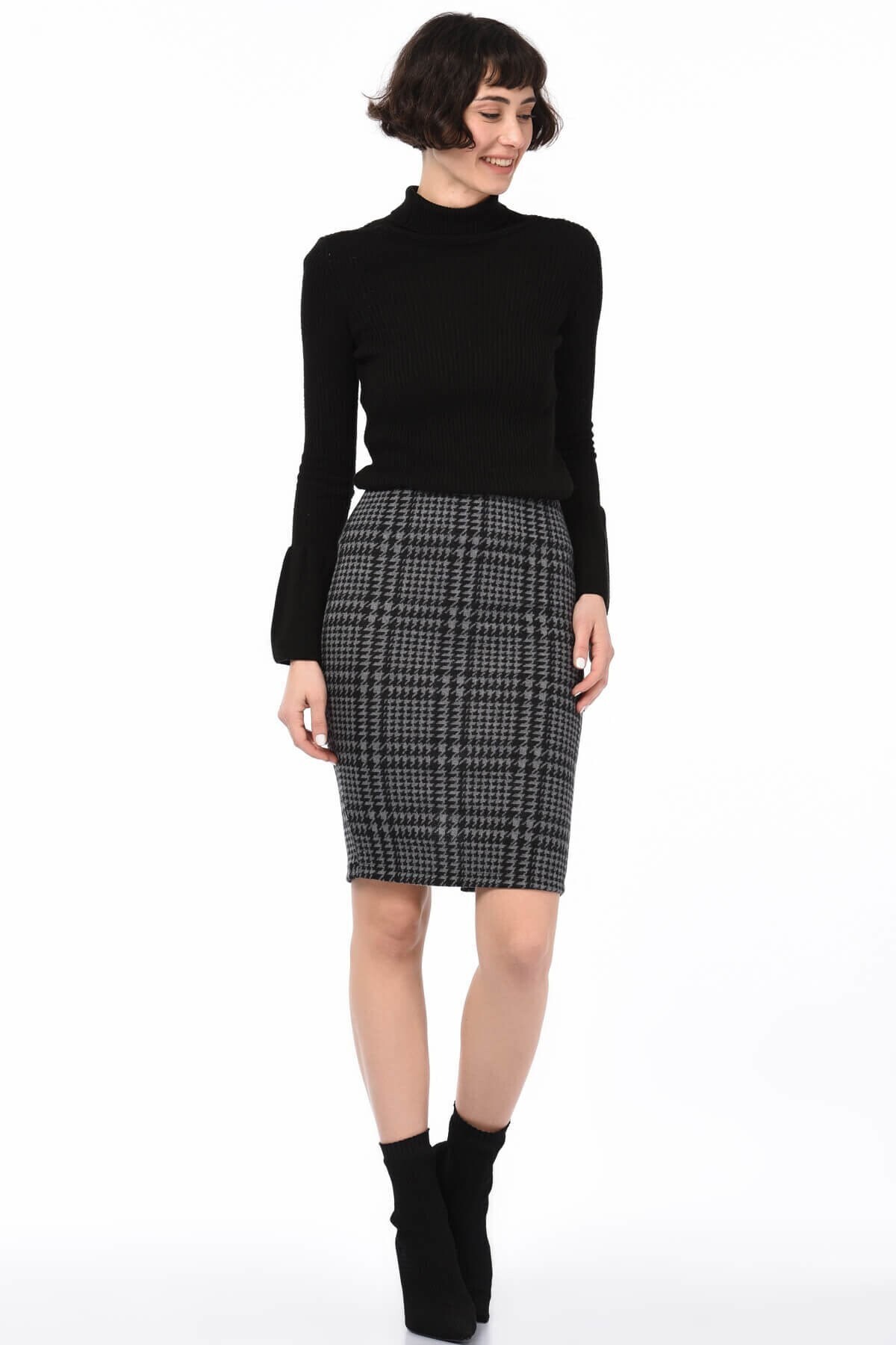 8515175 Kaz Ayağı Desenli Beli Lastikli Yırtmaçlı Kalem Etek FUME