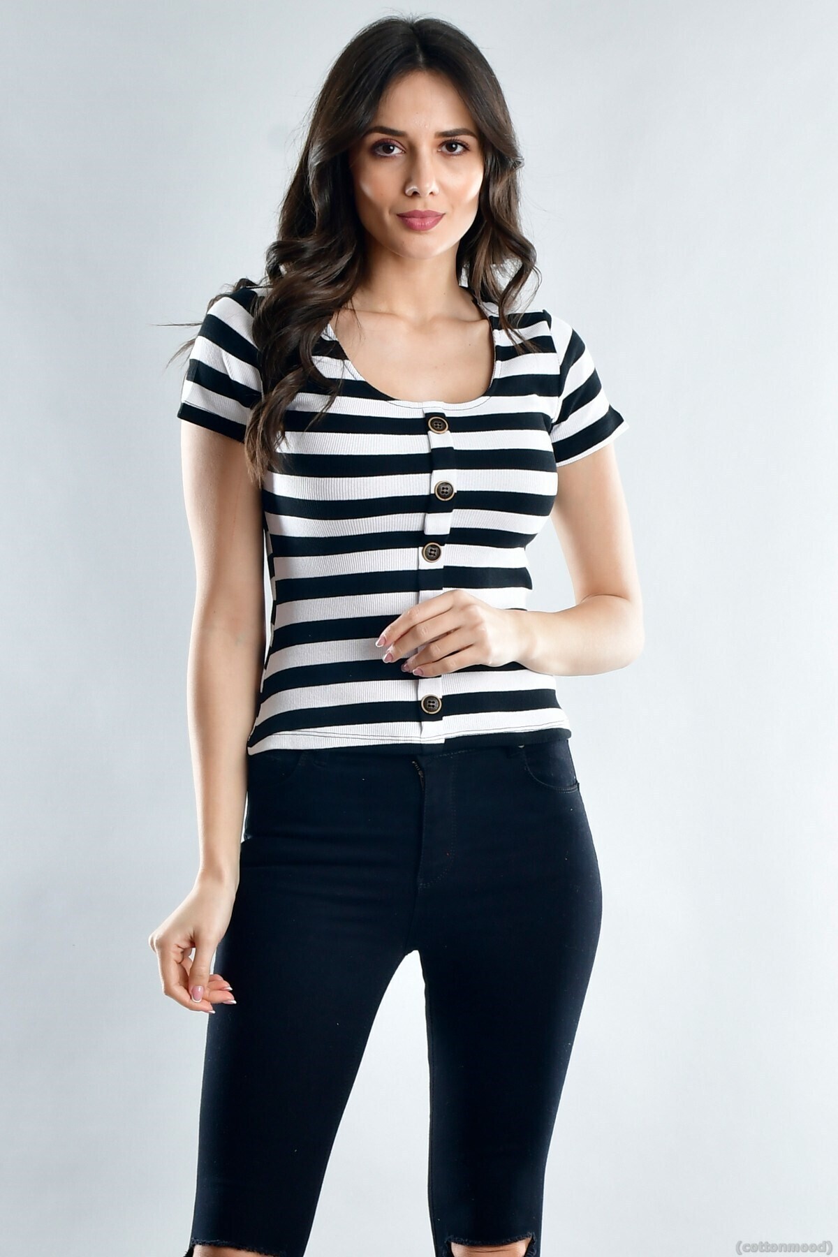 20021533 Kaşkorse Önü Düğmeli Kısa Kol Bluz SIYAH BEYAZ KALIN ÇIZGILI