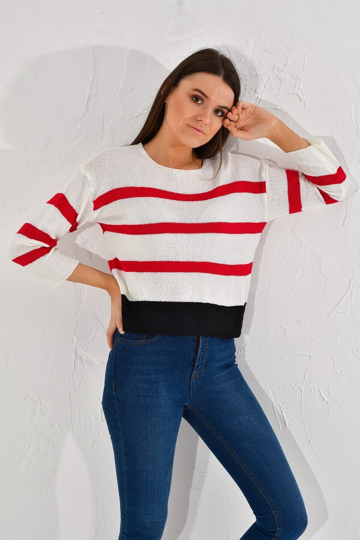 20026185 Triko Çizgili Bluz EKRU-KIRMIZI