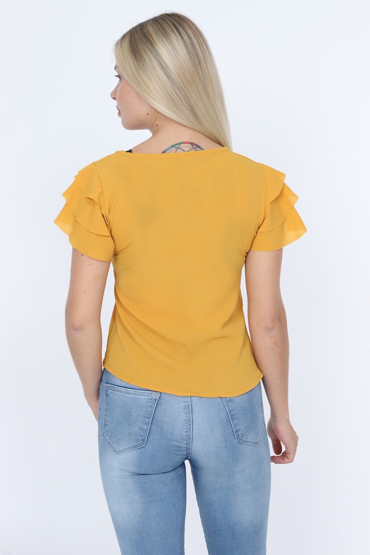 7222201 Kobe Fırfırlı Kısa Kol Bluz HARDAL
