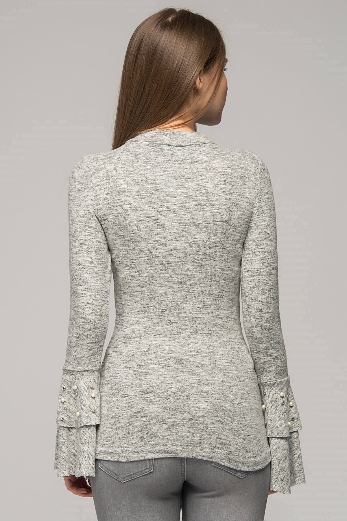 7480960 Yumoş Yakası Kolu İncili Volanlı Bluz GRI