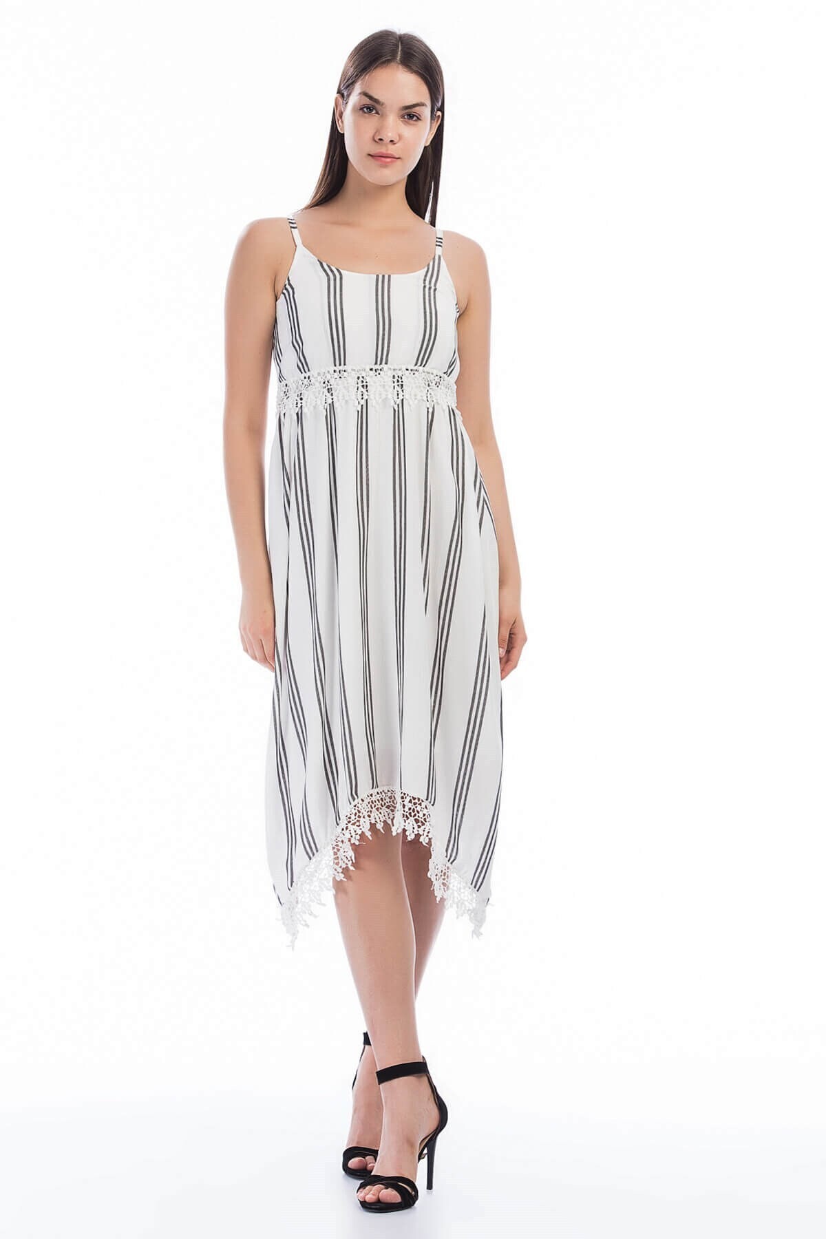 8280667 Şile Bezi Çizgi Desenli Çapraz Askılı Elbise EKRU SIYAH
