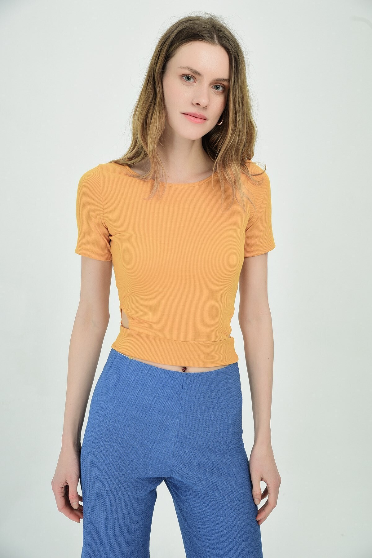 9092910 Kaşkorse Yanları Açık Kısa Kol Bluz HARDAL