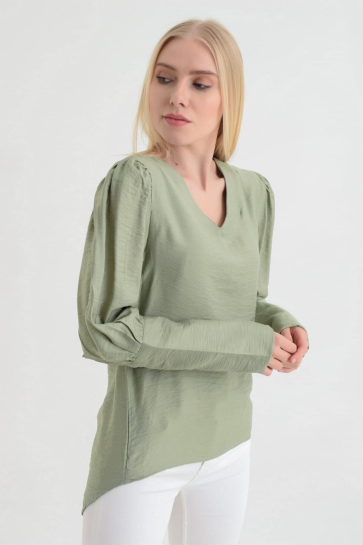 9151526 Bodrum Kum.Arkası Kolu Düğmeli Bluz CAGLA YESIL