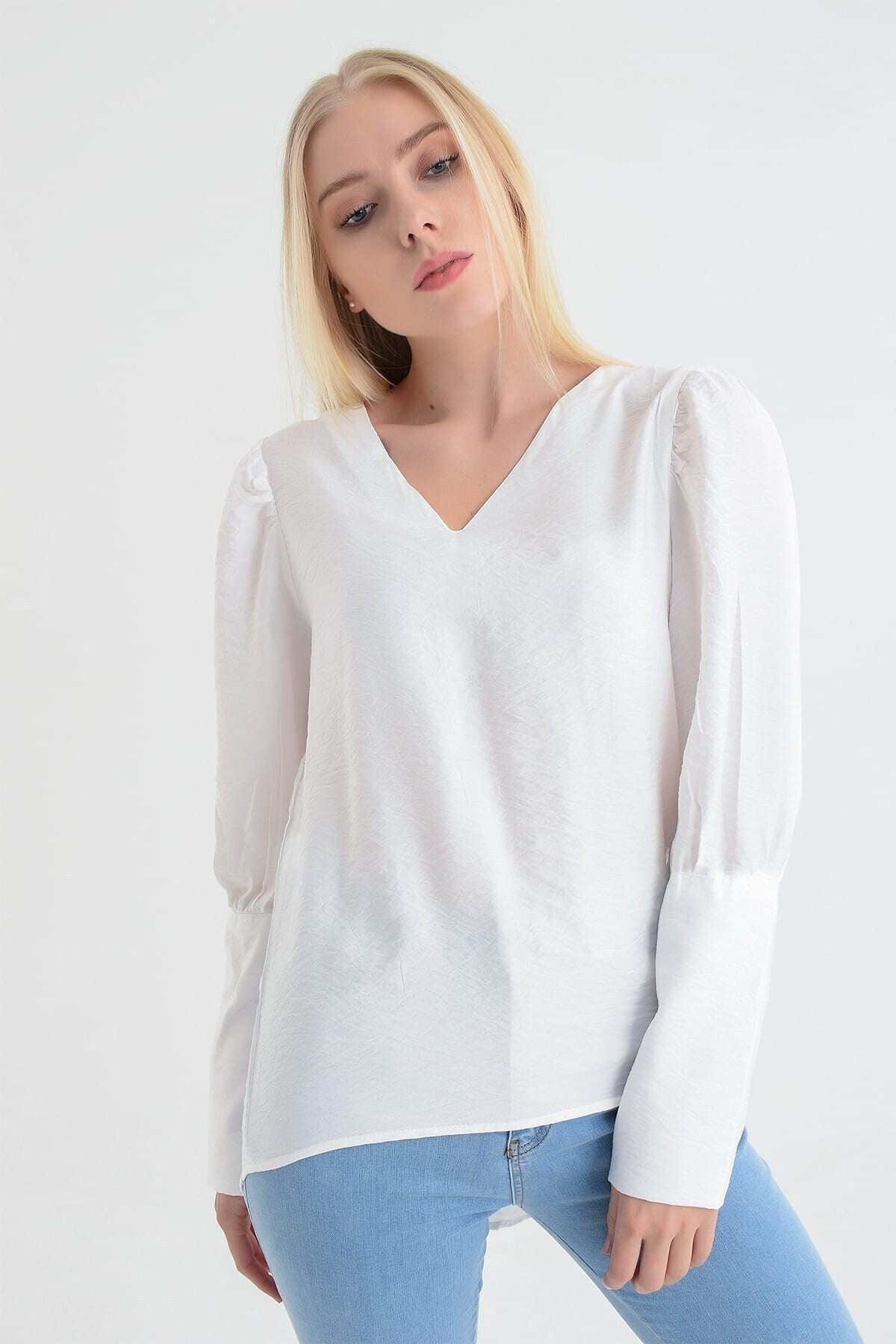 9151526 Bodrum Kum.Arkası Kolu Düğmeli Bluz EKRU