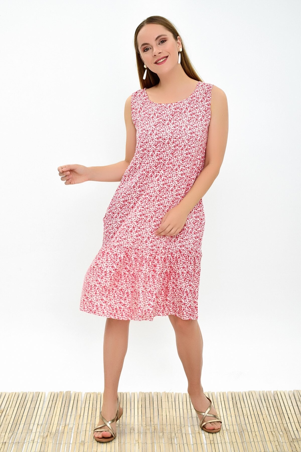 93030322 Dok.Vis.Çıtır DesEteği Fırfırlı Cepli Kolsuz Elbise EKRU-BORDO