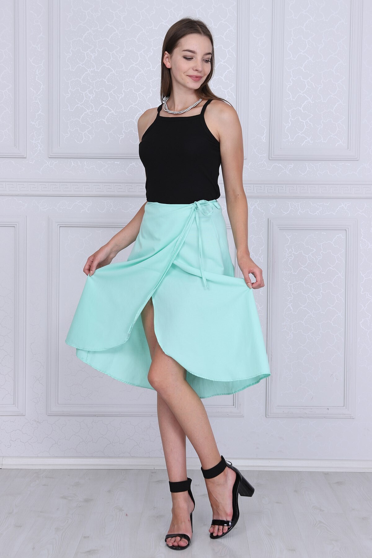 9313124 Dok.Viskon Desenli Beli Bağlamalı Anvelop Etek MINT