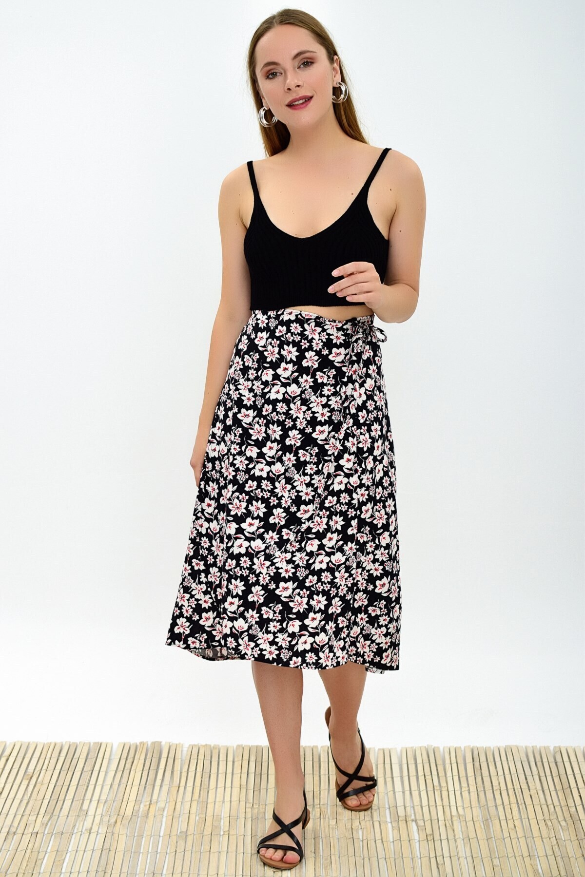 9313124 Dok.Viskon Desenli Beli Bağlamalı Anvelop Etek SIYAH-BEYAZ