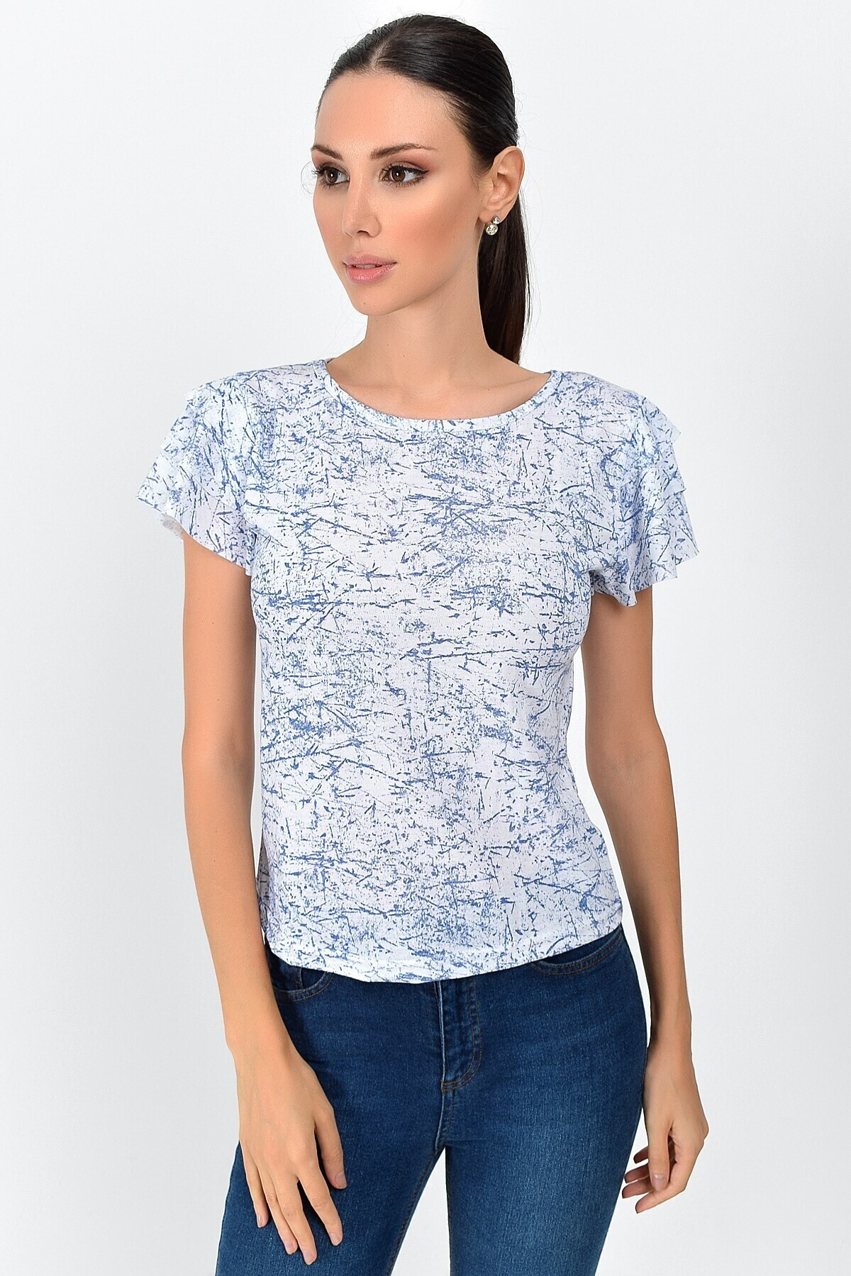 9333335 Süprem Desenli Katkat Fırfırlı Kısa Kol Bluz SAKS