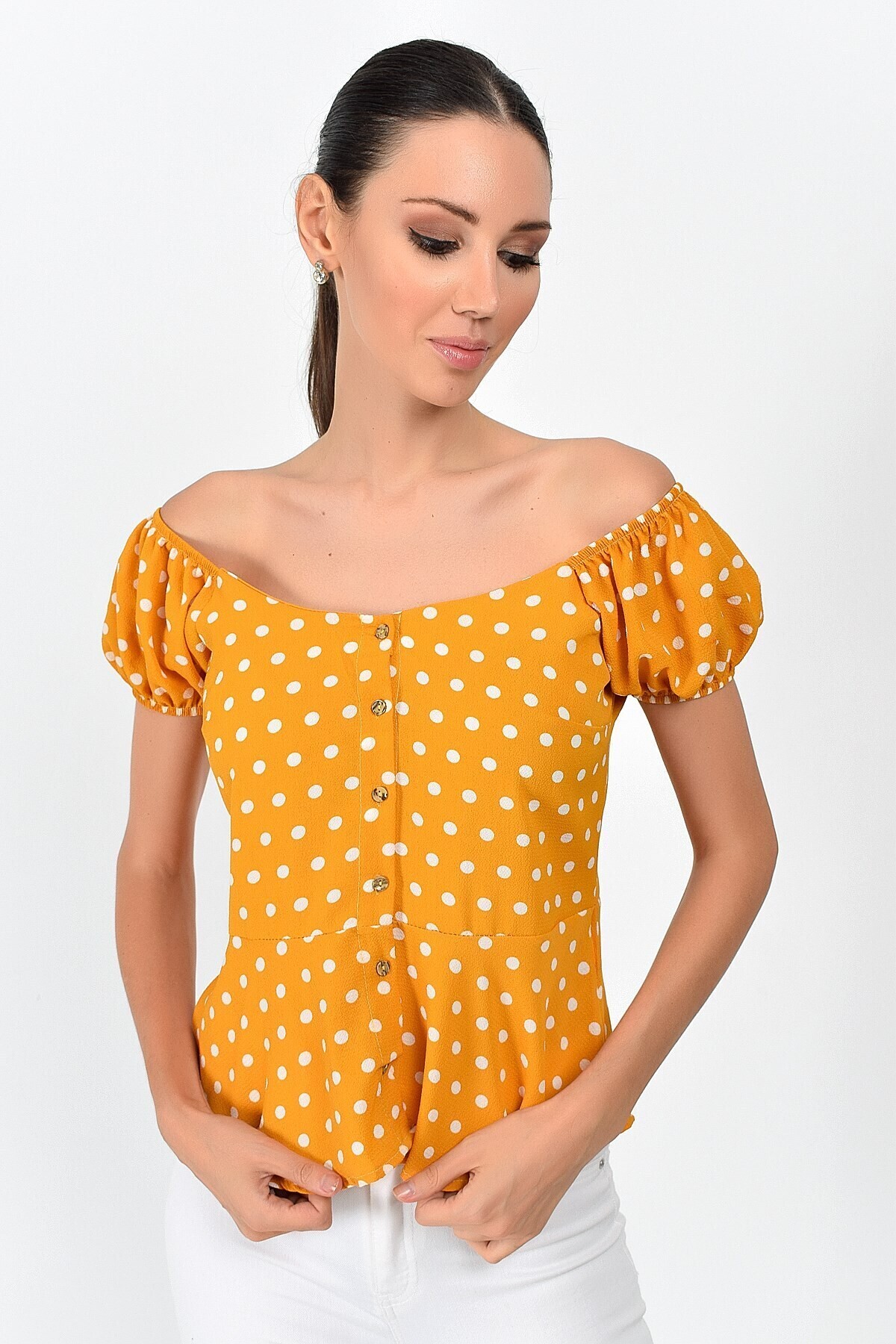 9363018 Kobe Desenli Önü Düğmeli Bluz HARDAL