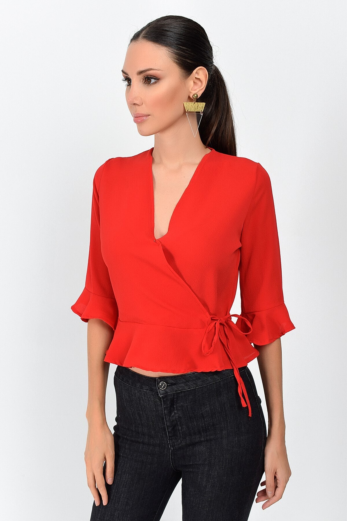9363028 Kobe Kruvaze Eteği Kolu Fırfırlı Capri Kol Bluz KIRMIZI