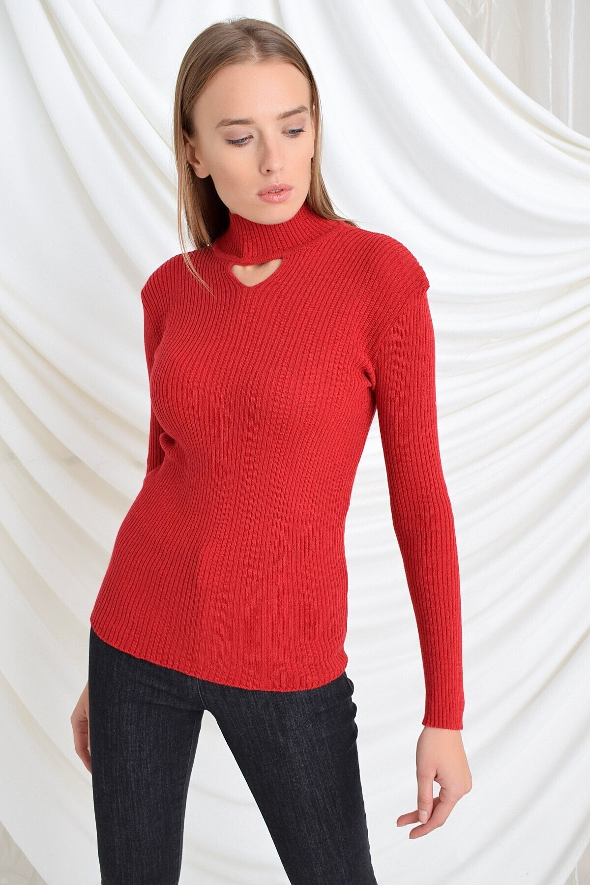 9390250 Fitilli Önü Açık Yarım Balıkçı Uz.Kol Triko KIRMIZI