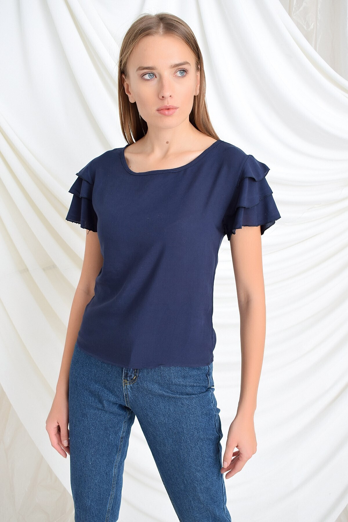 94022011 Dok.Viskon Fırfırlı Kısa Kol Bluz LACIVERT