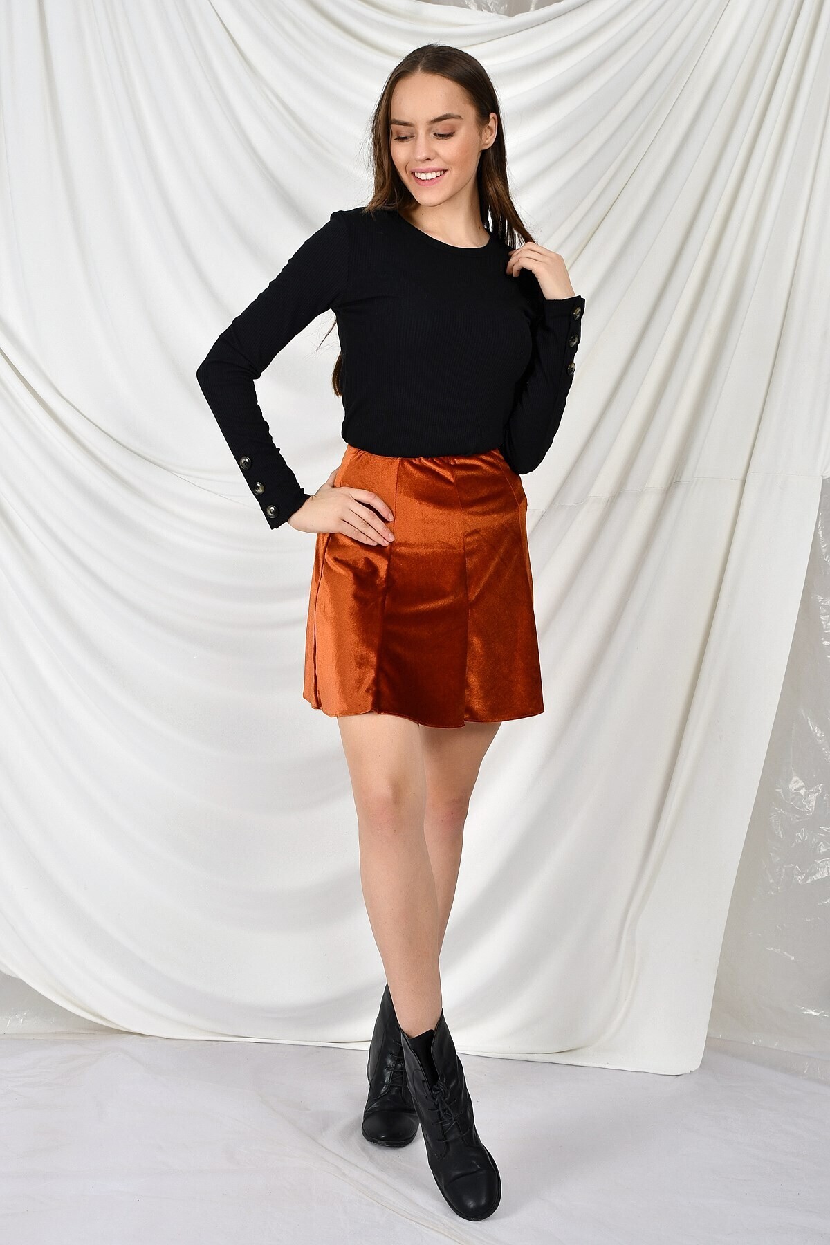 9474746 Kadife Parçalı Lastikli Kısa Etek KIREMIT