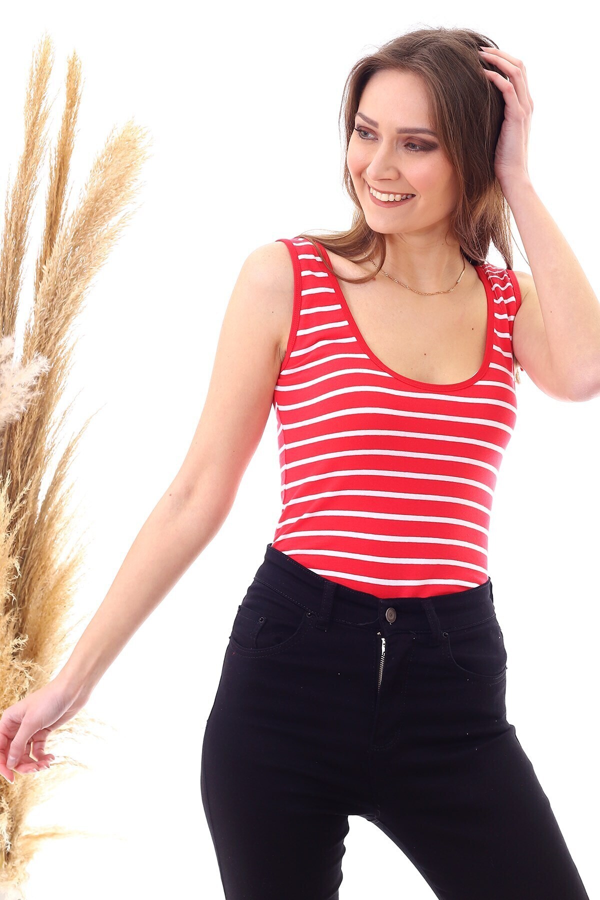 20040403 Süprem Çizgili U Yaka Çıtçıtlı Body KIRMIZI BEYAZ INCE ÇIZGI