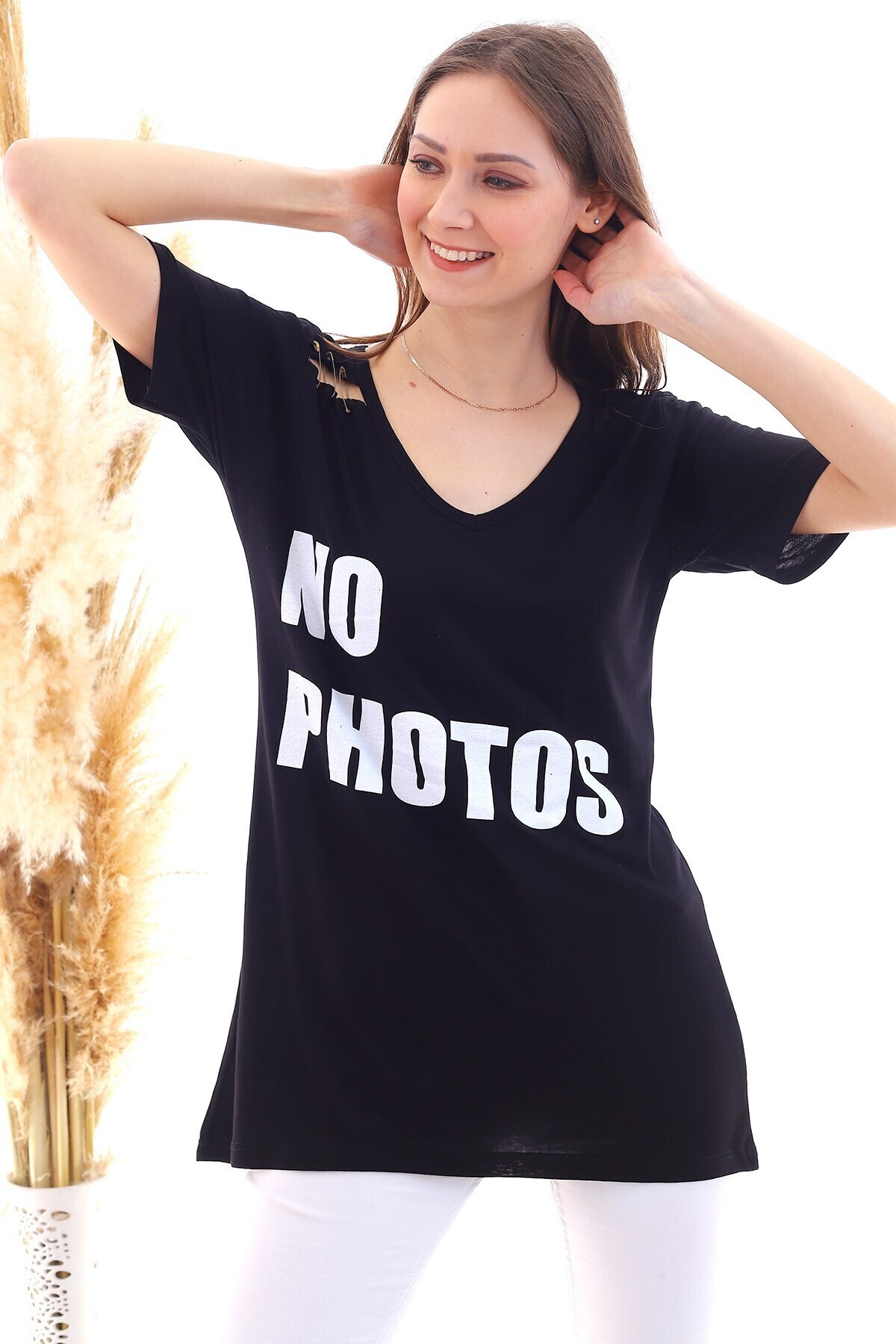 20050508 Süprem No Photos Baskılı Omuzu Yırtıklı Tunik SIYAH