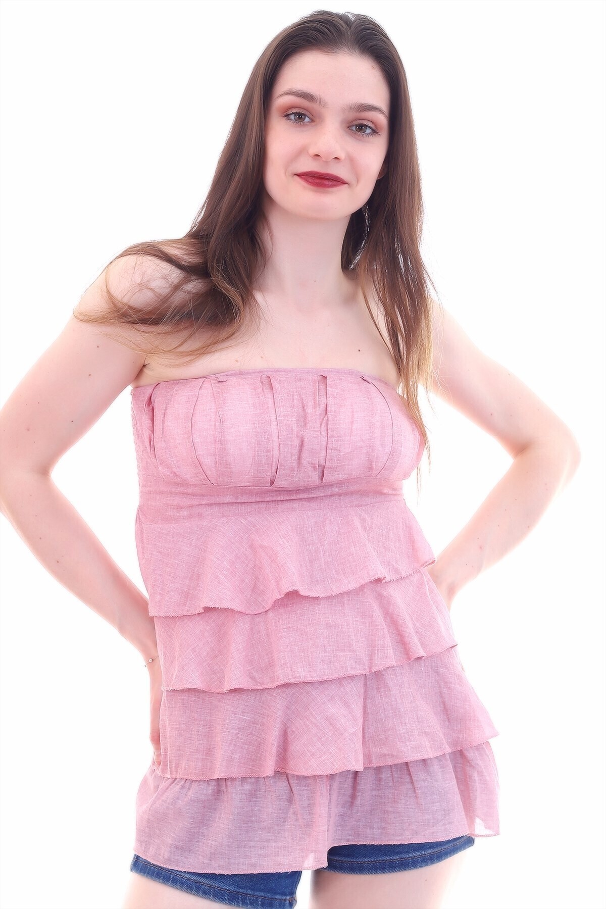 20053022 Straplez Nervürlü Eteği Kat Kat Fırfırlı Bluz PUDRA