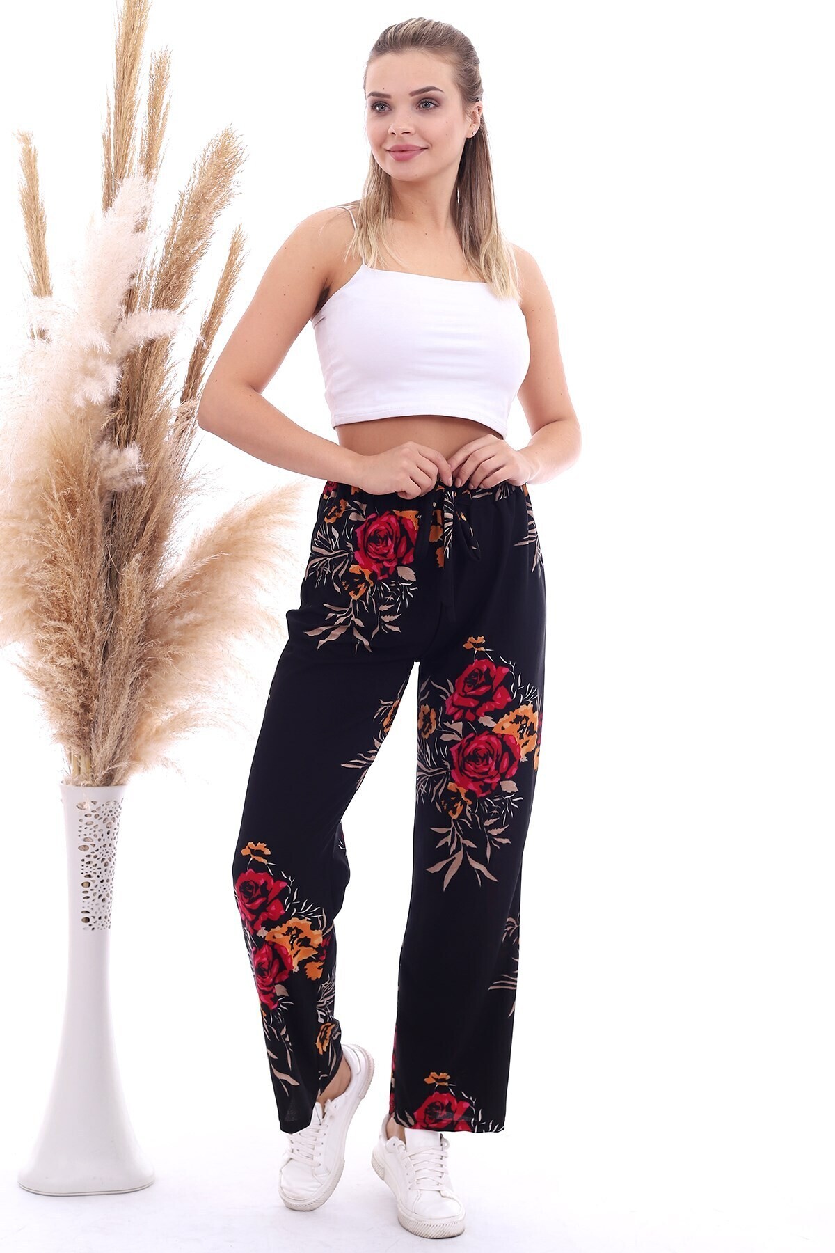 20070786 Örme Krep Beli Lastikli Bol Paça Pantolon SIYAH FUSYA