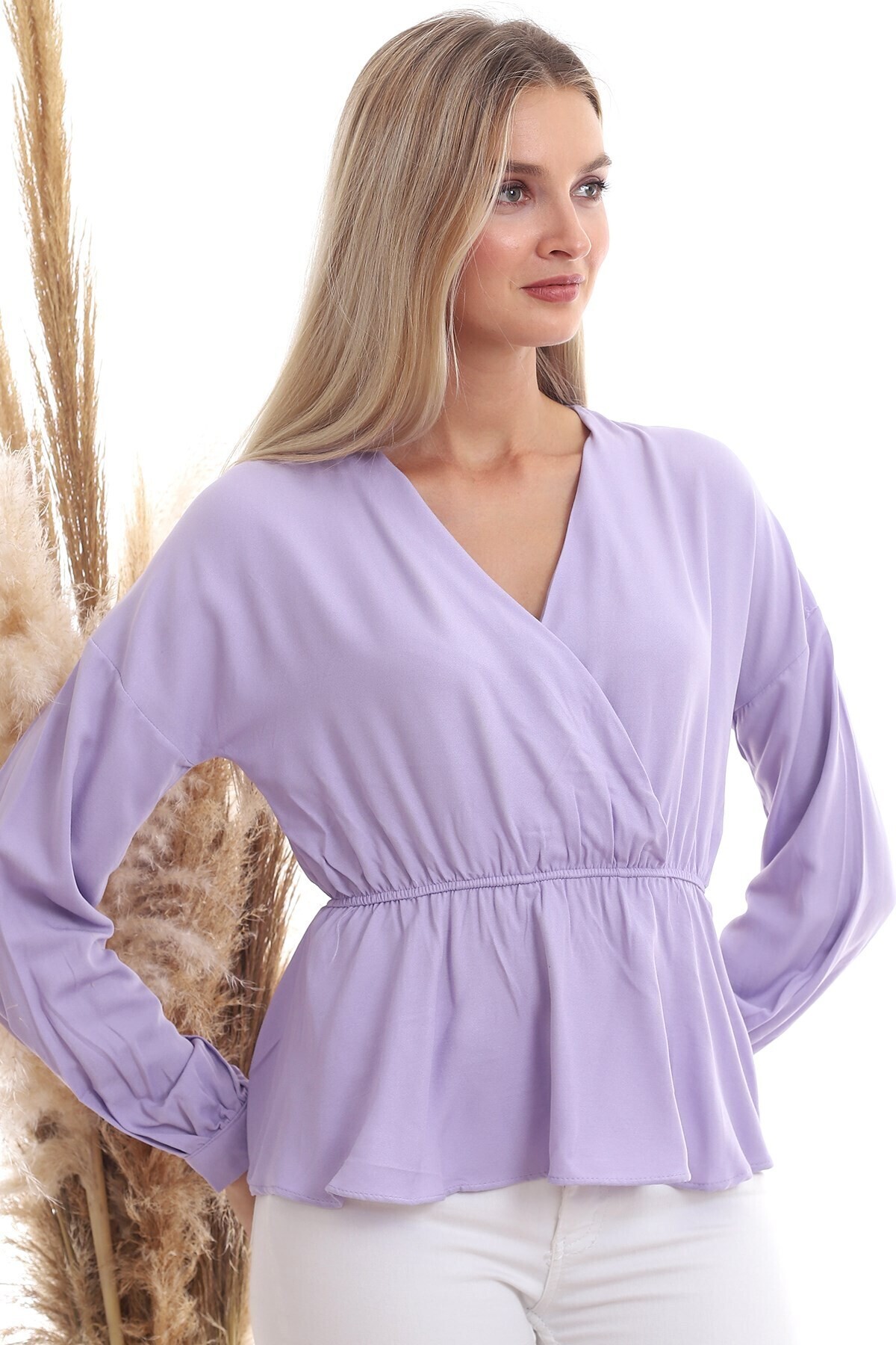 20333307 Dok.Viskon Kruvaze Yaka Uzun Kol Bluz LILA