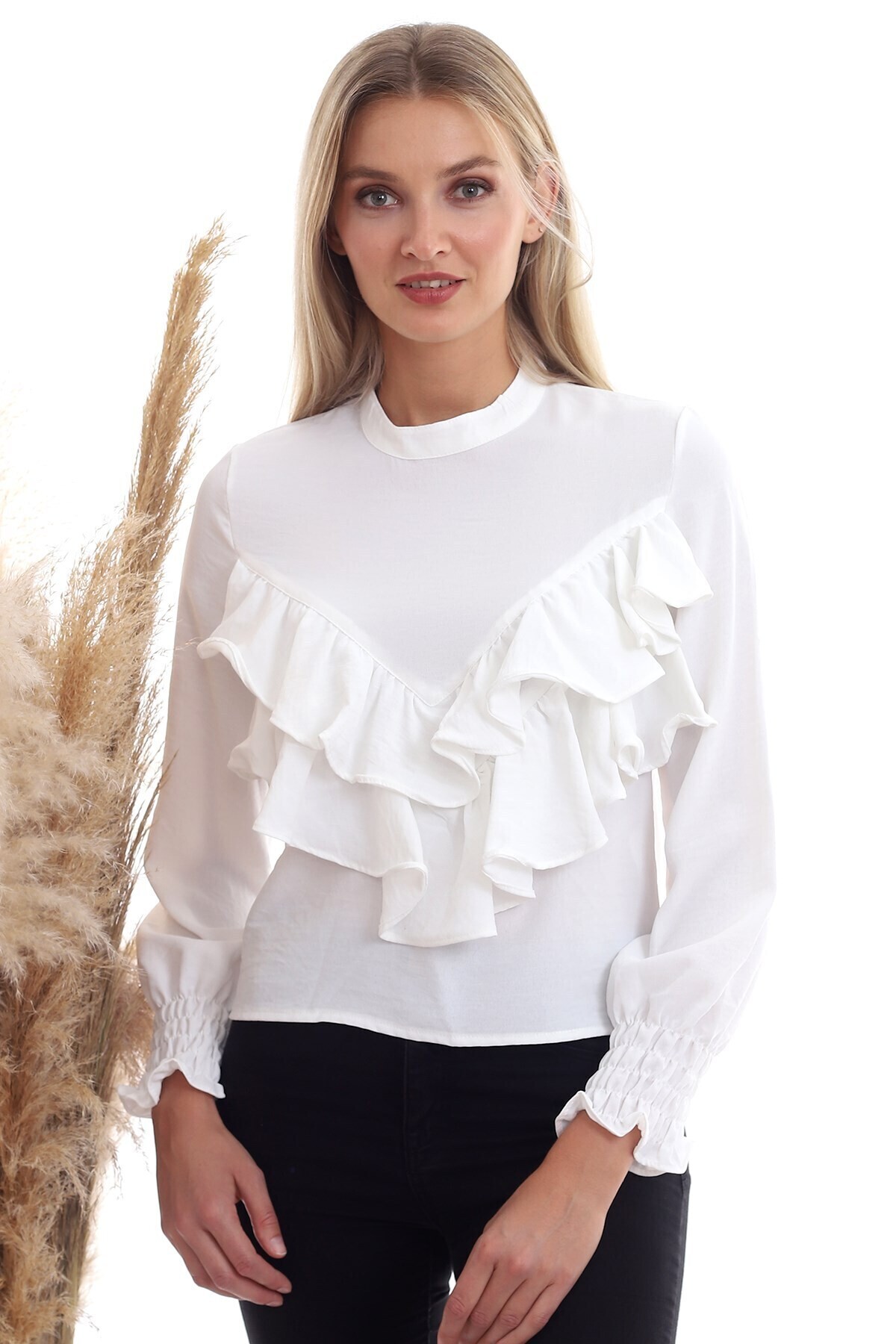 20333355 Ayrobin Çift Sıra Volanlı Uzun Kol Bluz EKRU