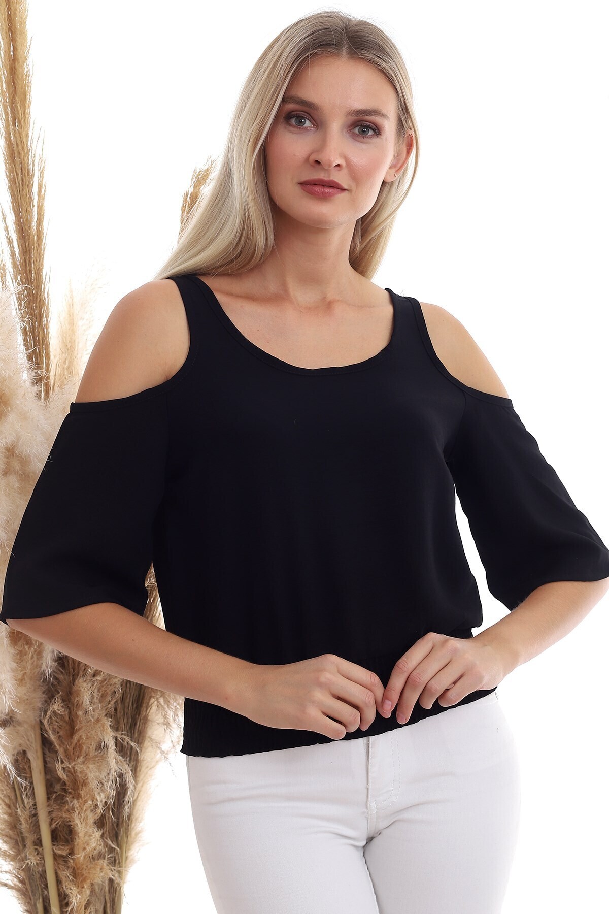 20333451 Ayrobin Omuzu Açık Beli Lastikli Kısa Kol Bluz SIYAH