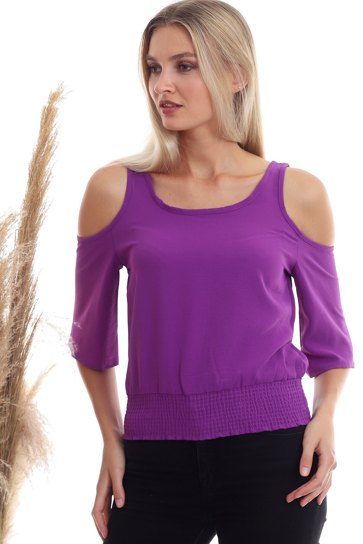 20333451 Ayrobin Omuzu Açık Beli Lastikli Kısa Kol Bluz MOR
