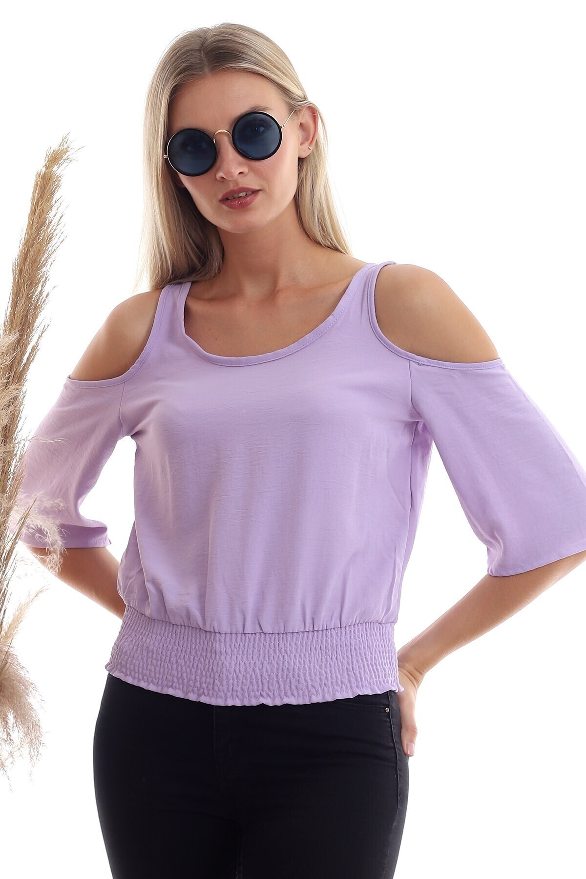 20333451 Ayrobin Omuzu Açık Beli Lastikli Kısa Kol Bluz LILA