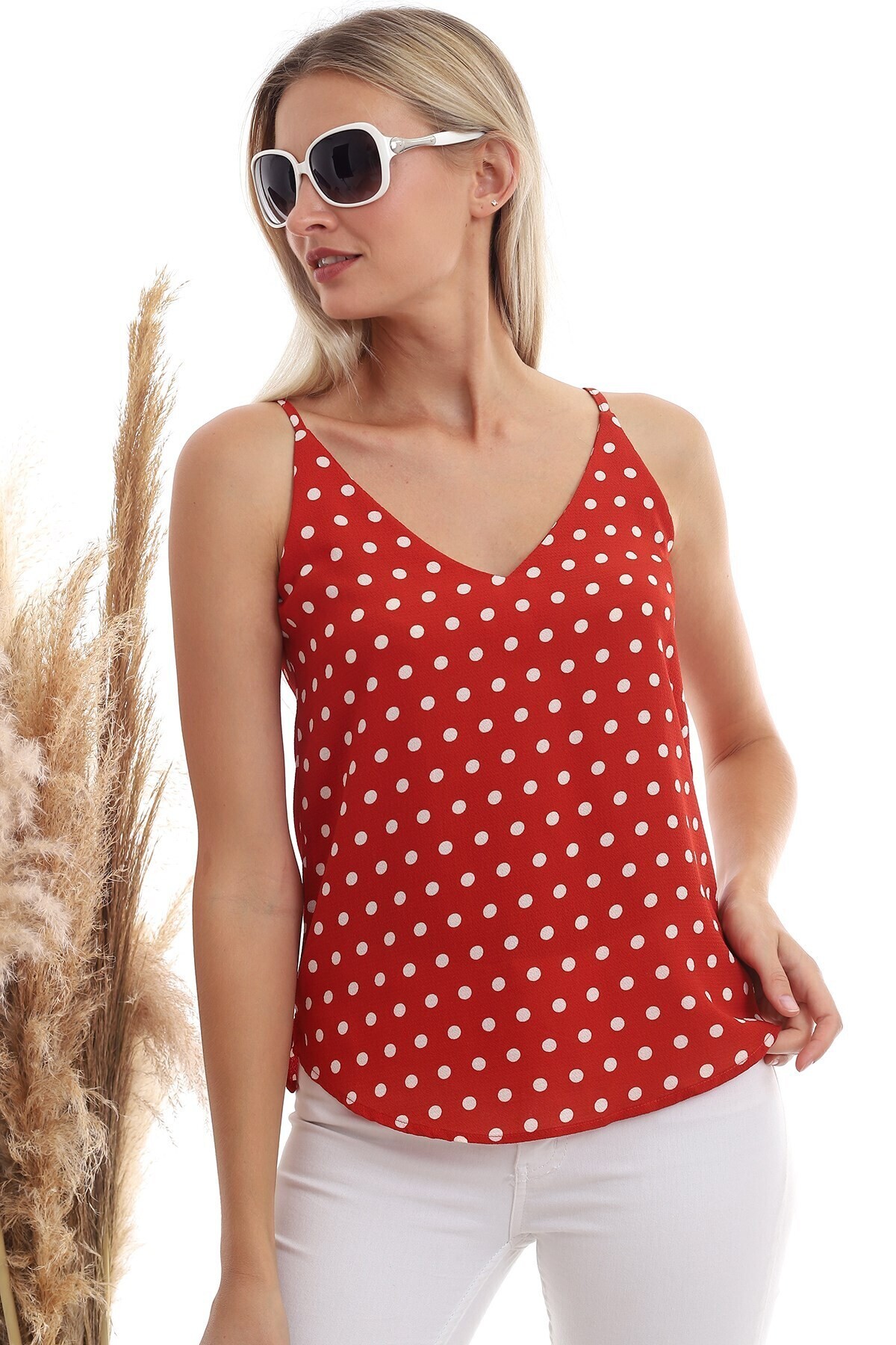 20333453 Kobe Puantiye Desenli İp Askılı Bluz KIREMIT