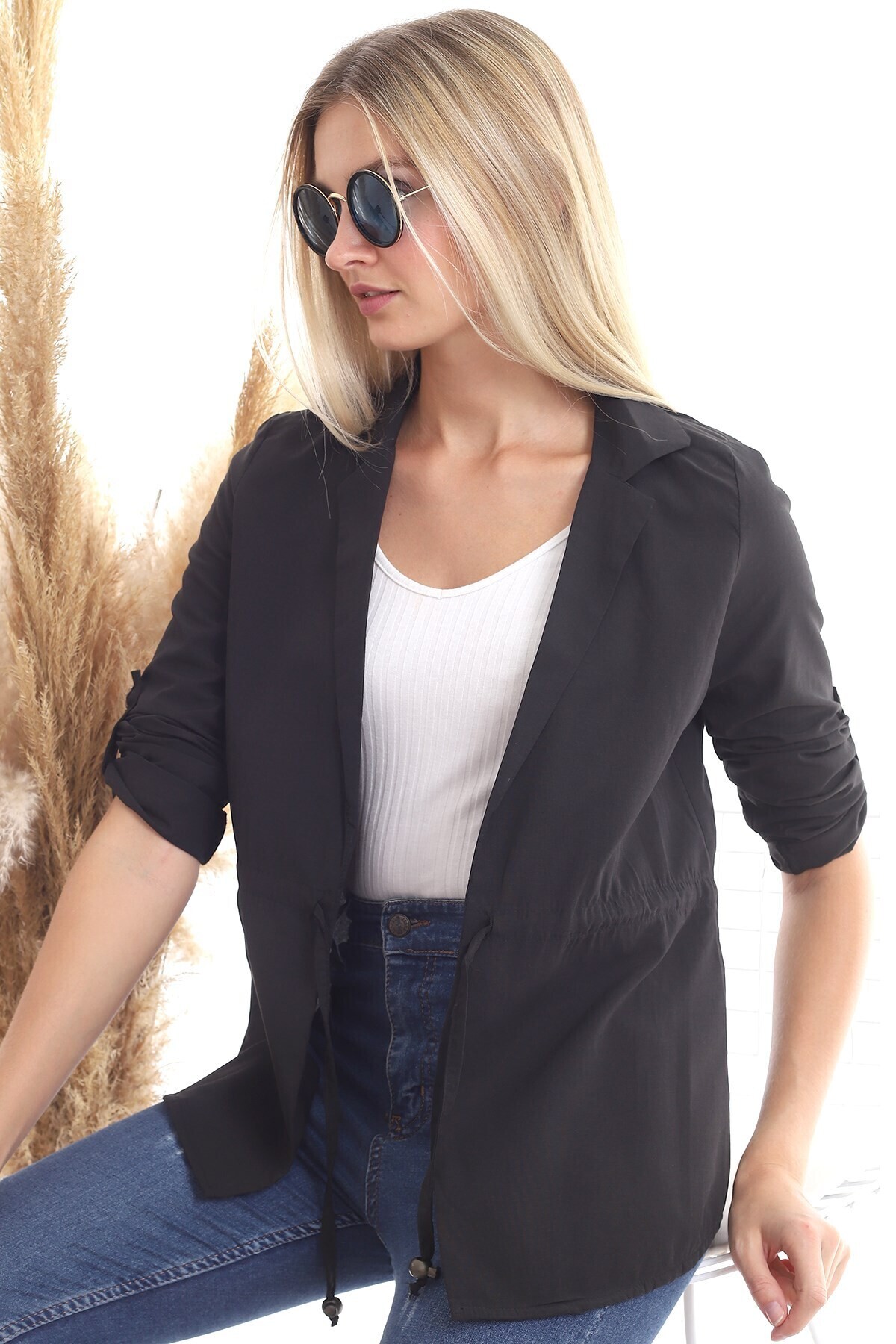 20342379 Viskon Beli Bağcıklı Uzun Kol Ceket SIYAH