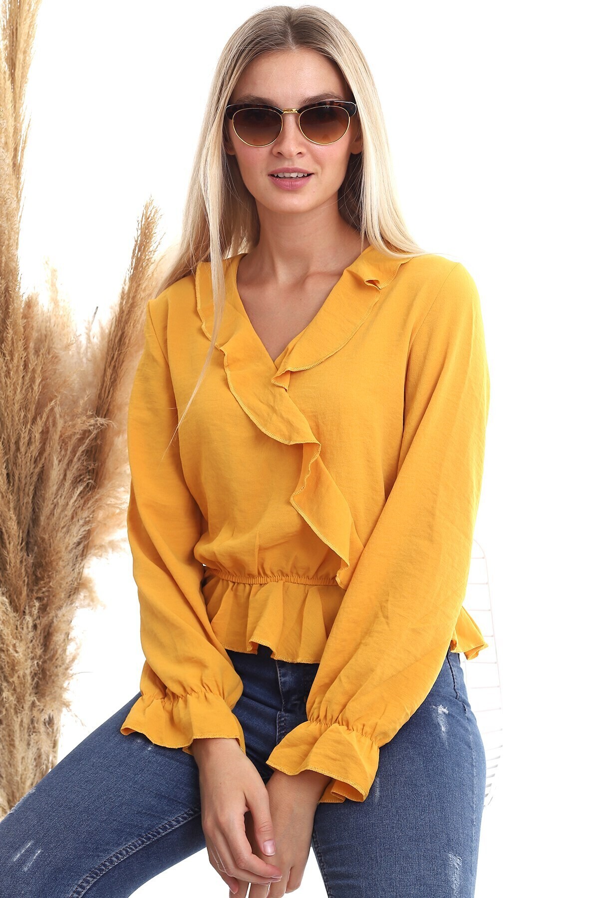 20343266 Ayrobin Kruvaze Fırfırlı Uzun Kol Bluz HARDAL