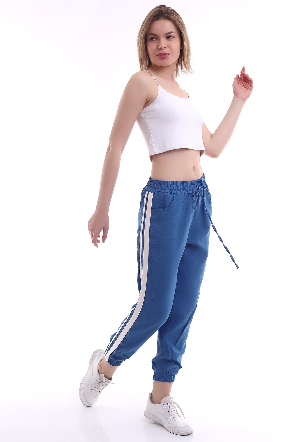 21161665 Ayrobin Yanı Şeritli Bel Paça Lastik Cepli Pantolon INDIGO