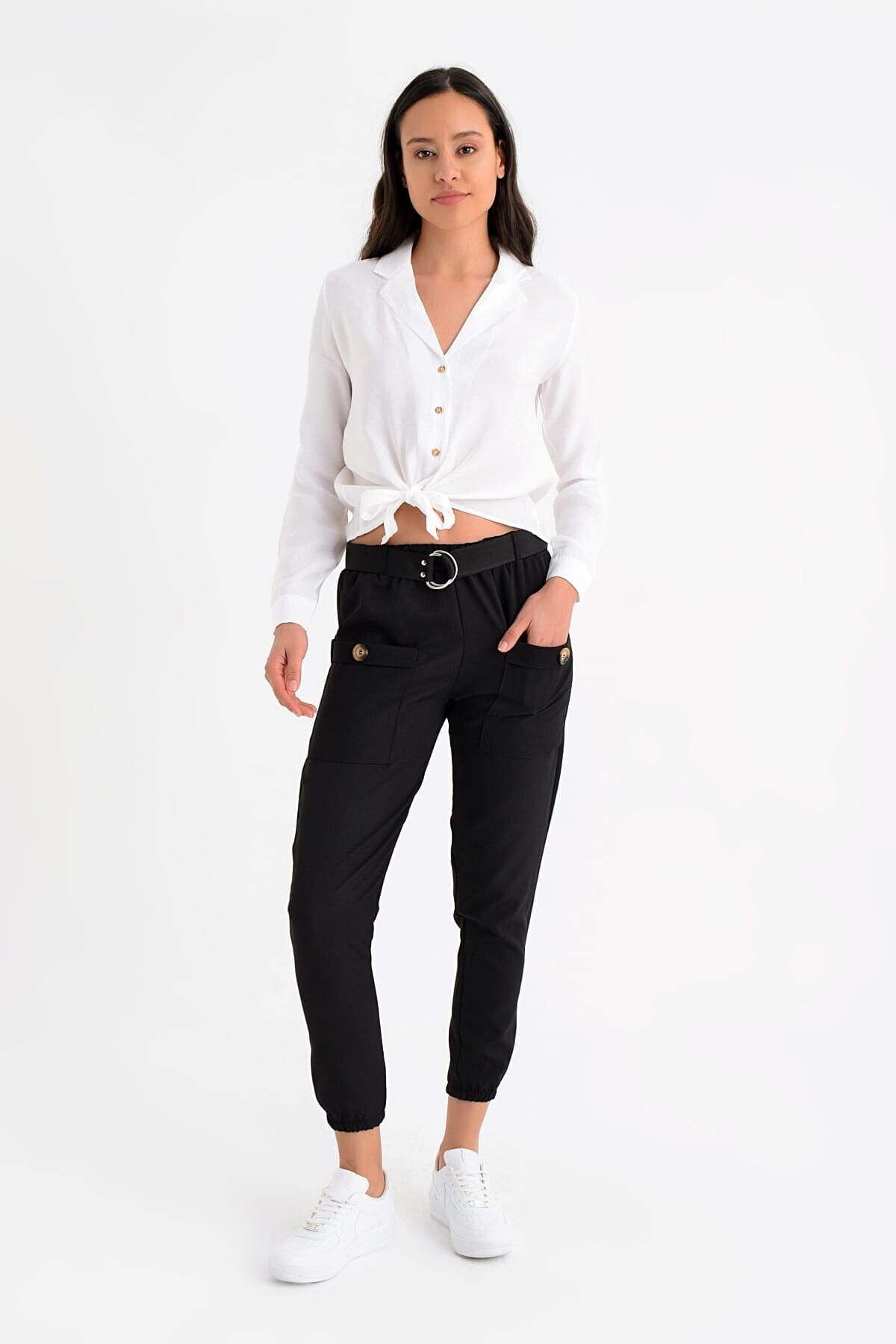 9152981 Tokalı Paça Lastik Önden Cepli Pantolon SIYAH