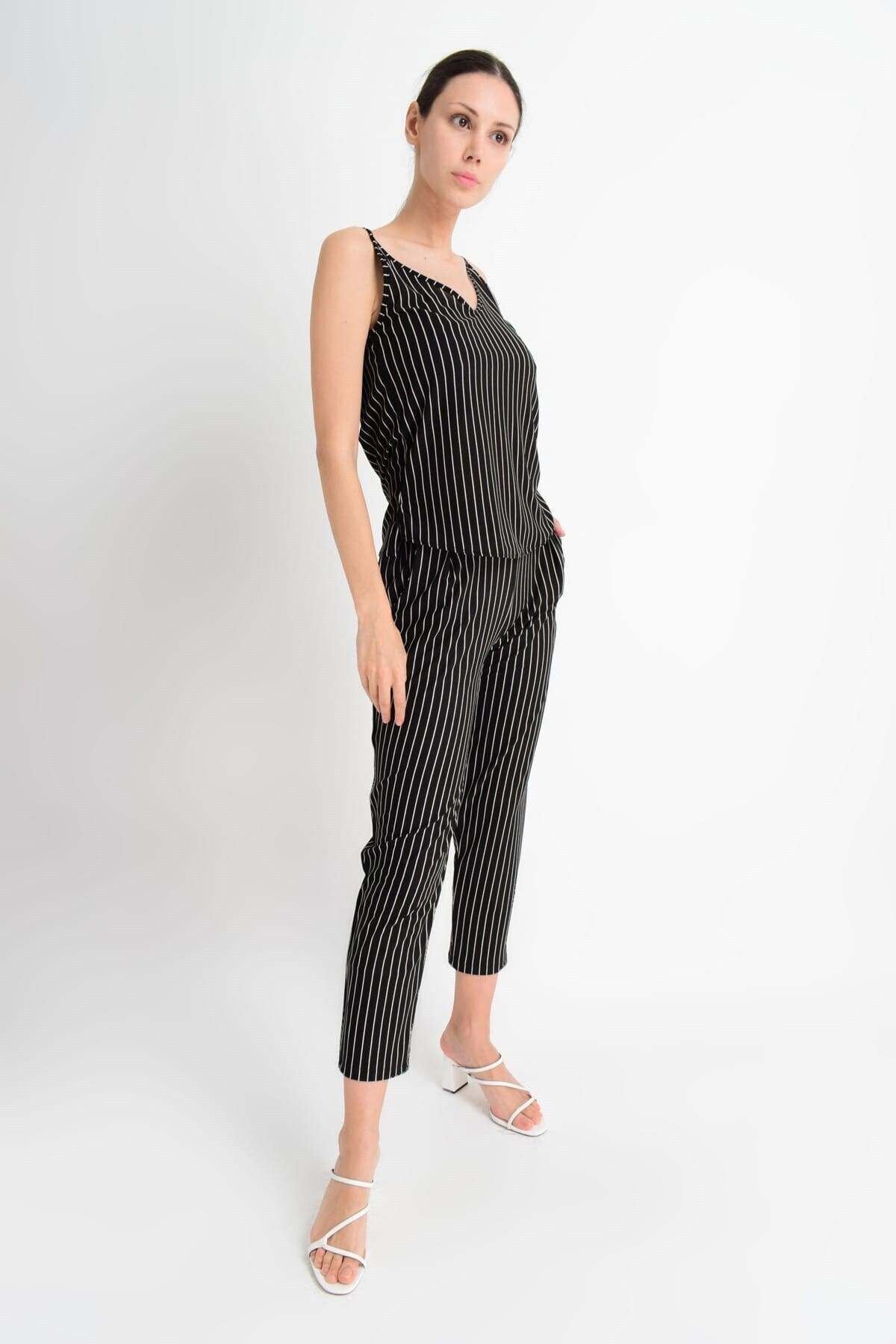 9181819 Örme Krep Beli Lastikli Cepli Pantolon SIYAH CIZGILI