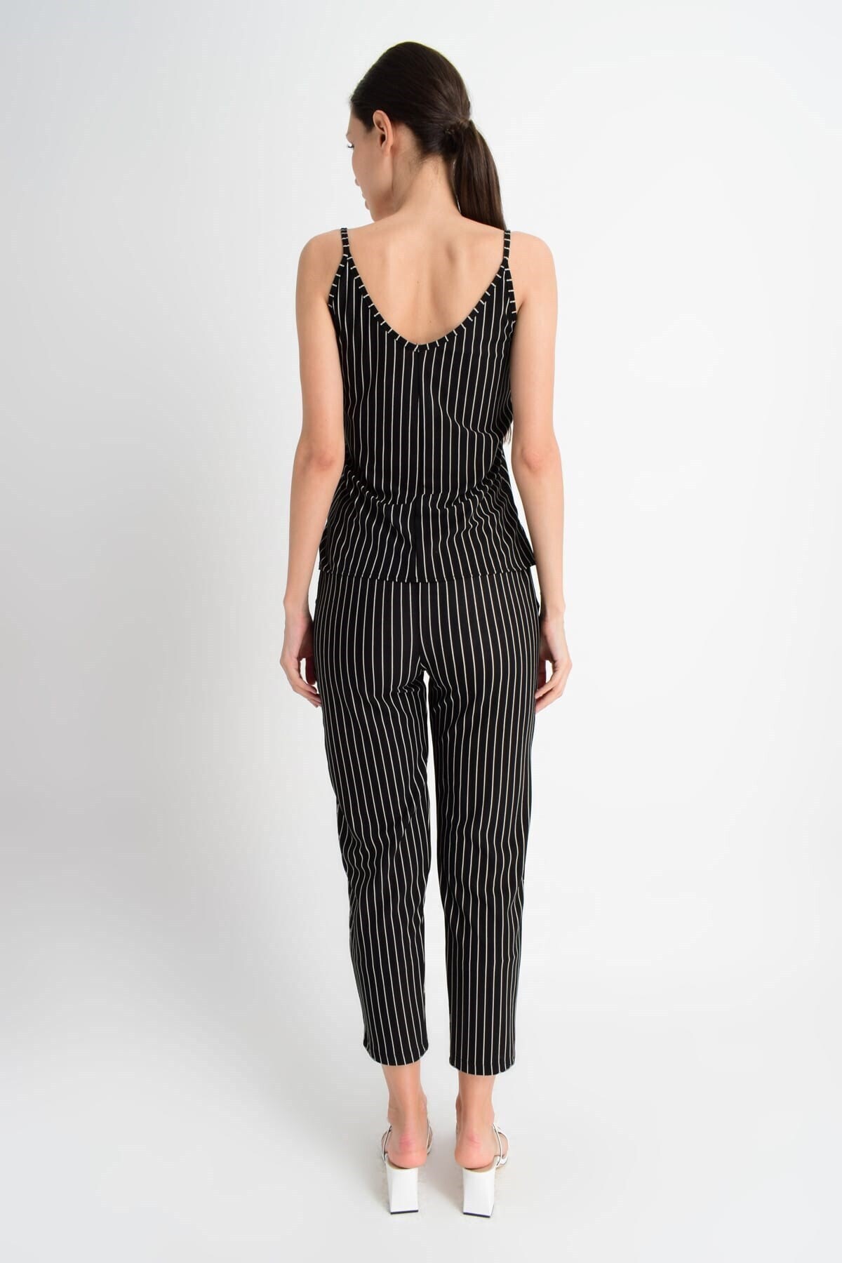 9181819 Örme Krep Beli Lastikli Cepli Pantolon SIYAH CIZGILI