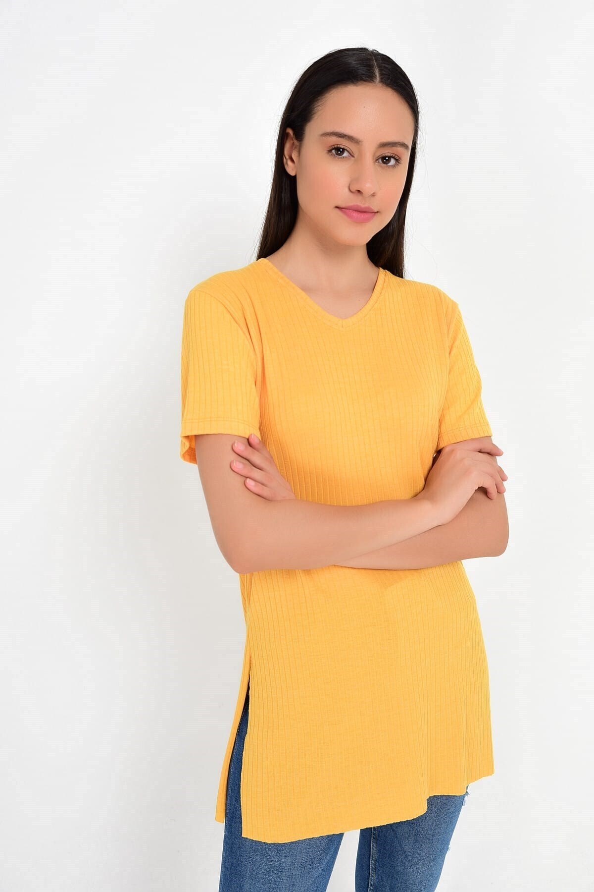 9202021 Lyc.Kaşkorse Eteği Yırtmaçlı V Yaka Tunik HARDAL