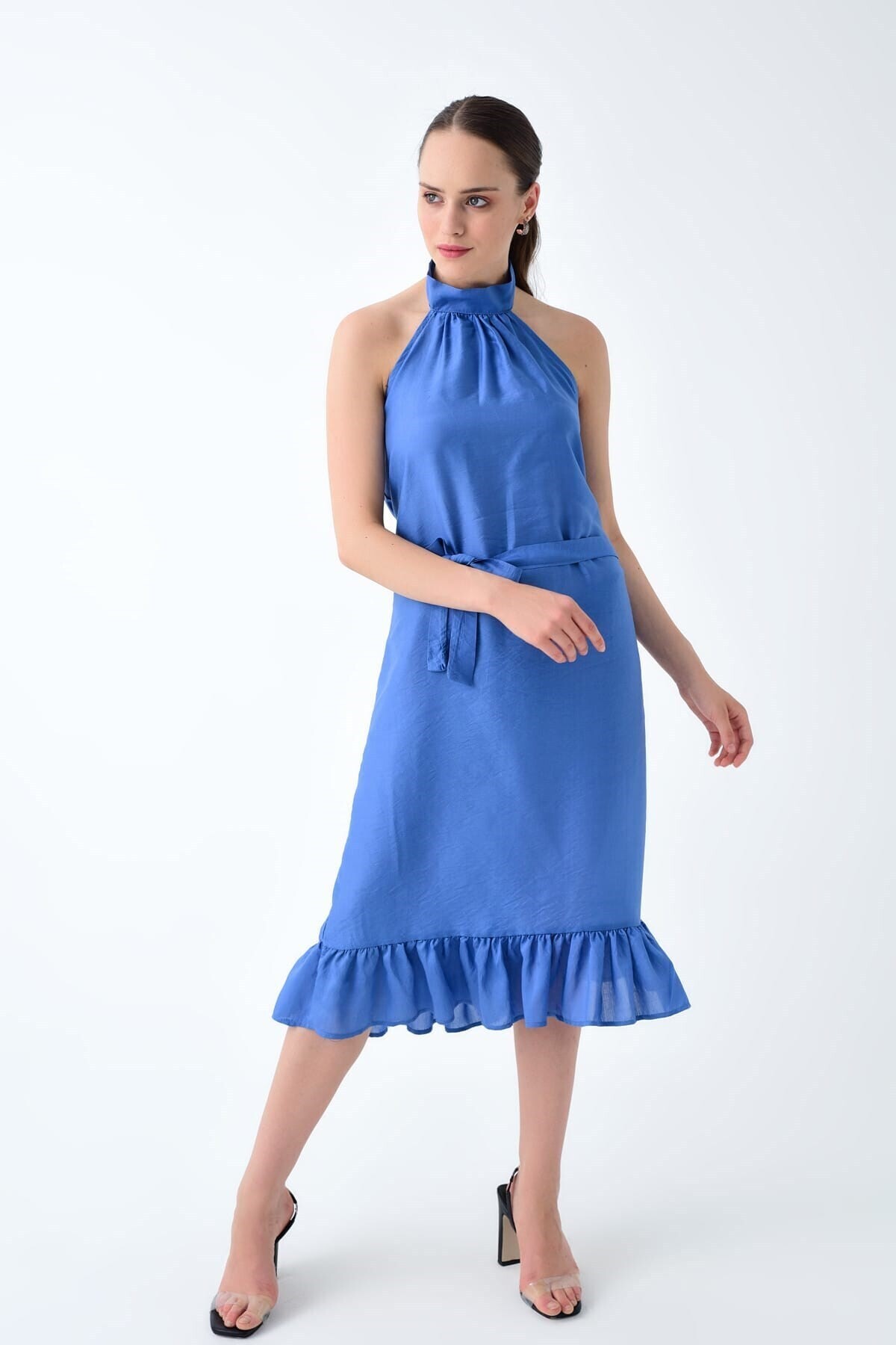 92210148 Bodrum Boyun Bağlamalı Beli Kemerli Kolsuz Elbise INDIGO